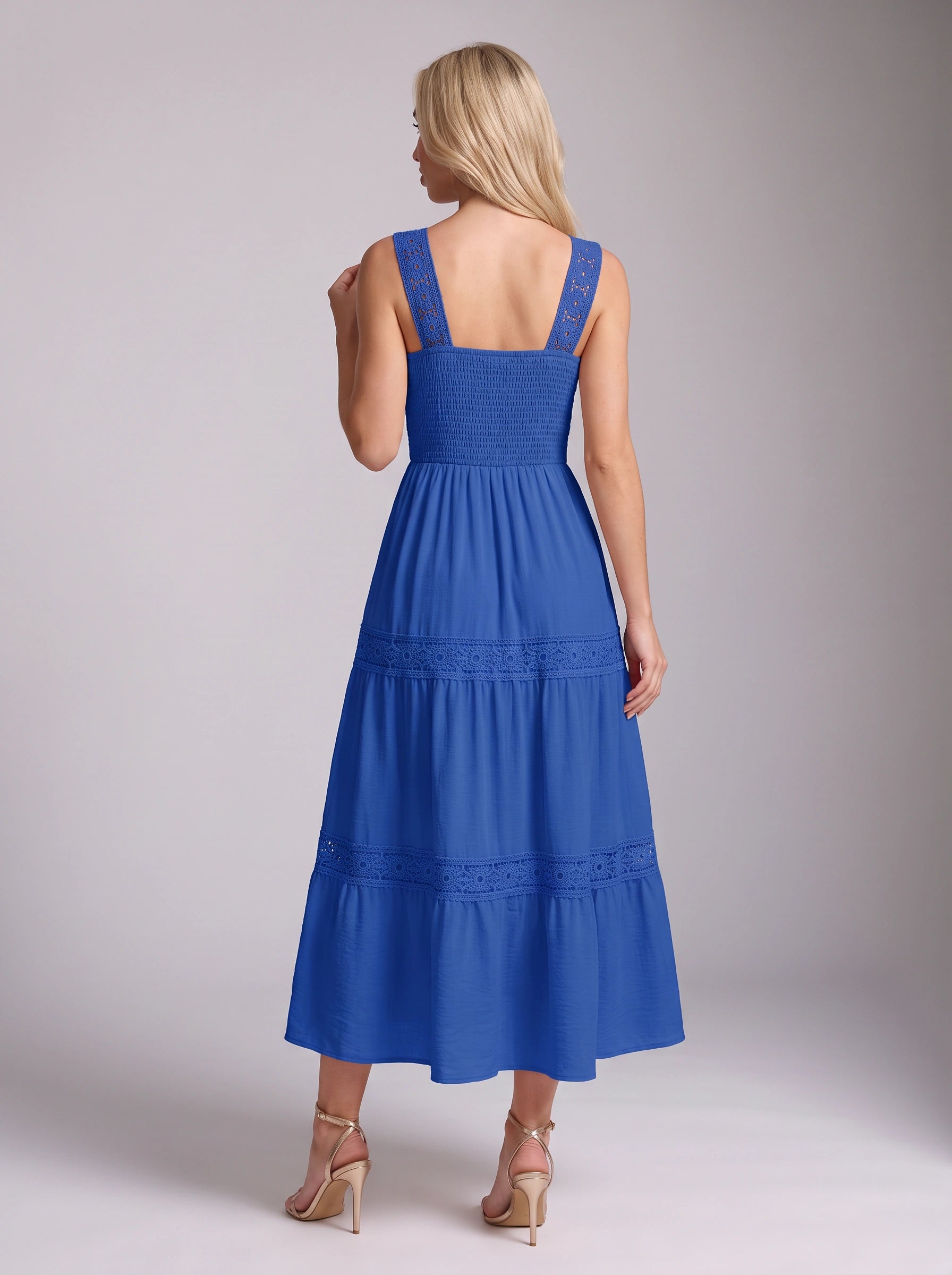 Piètro Shirred Lace Tiered Midi Dress – Women Sundress Summer Wedding Guest Vacation Casual Midi Dress