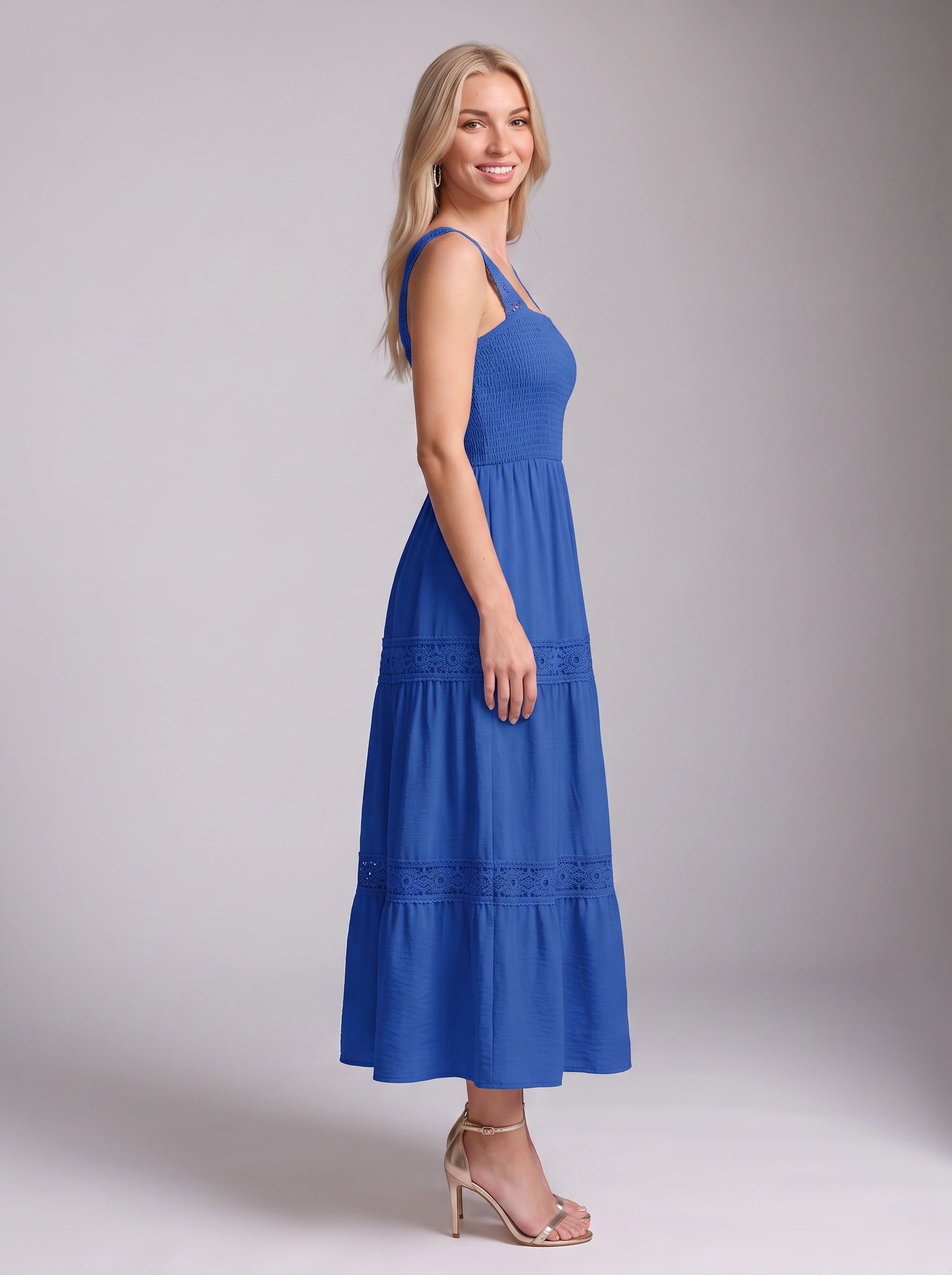 Piètro Shirred Lace Tiered Midi Dress – Women Sundress Summer Wedding Guest Vacation Casual Midi Dress