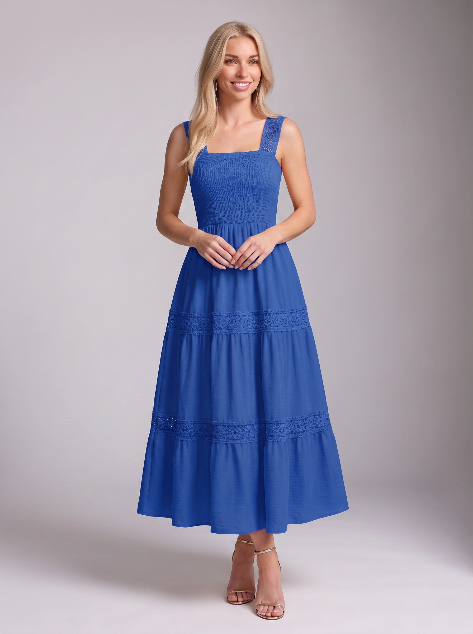 Piètro Shirred Lace Tiered Midi Dress – Women Sundress Summer Wedding Guest Vacation Casual Midi Dress
