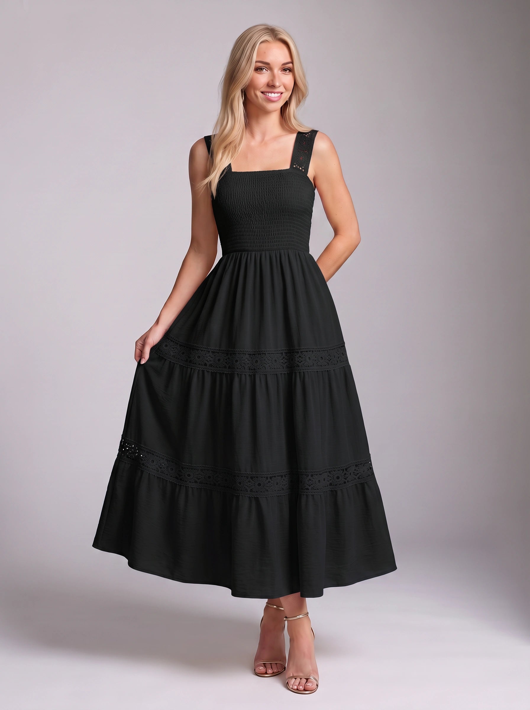 Piètro Shirred Lace Tiered Midi Dress – Women Sundress Summer Wedding Guest Vacation Casual Midi Dress
