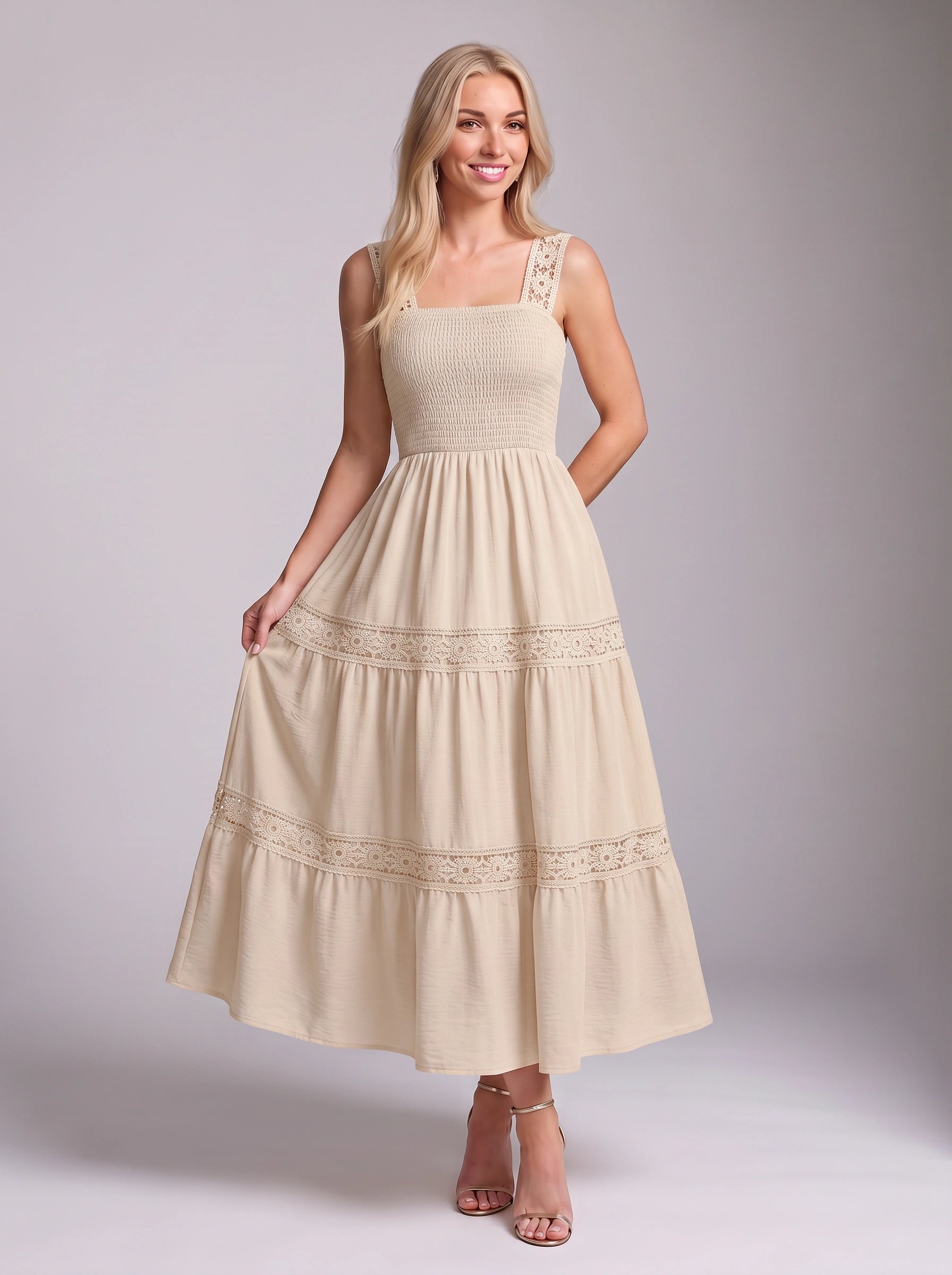 Piètro Shirred Lace Tiered Midi Dress – Women Sundress Summer Wedding Guest Vacation Casual Midi Dress