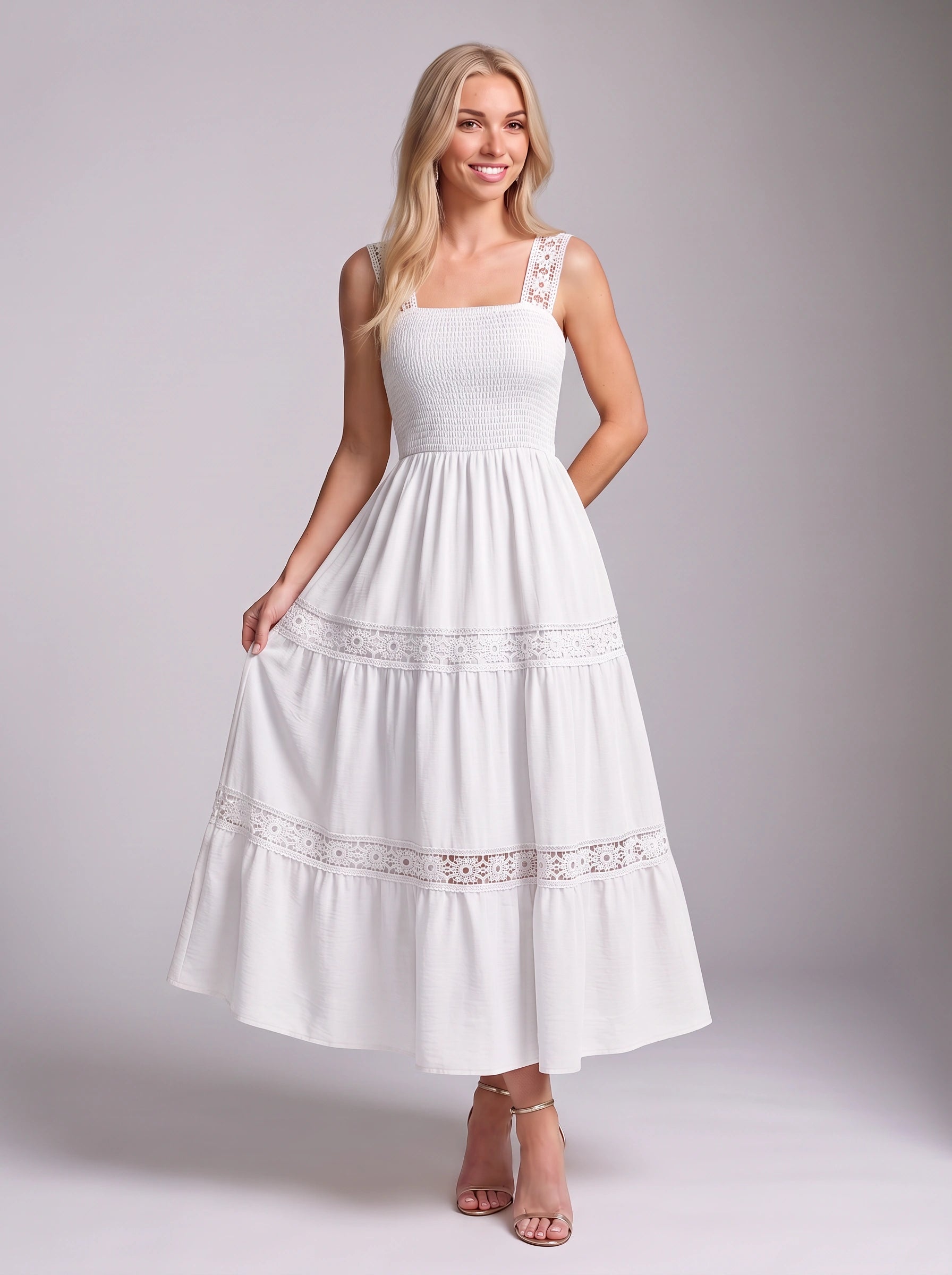 Piètro Shirred Lace Tiered Midi Dress – Women Sundress Summer Wedding Guest Vacation Casual Midi Dress