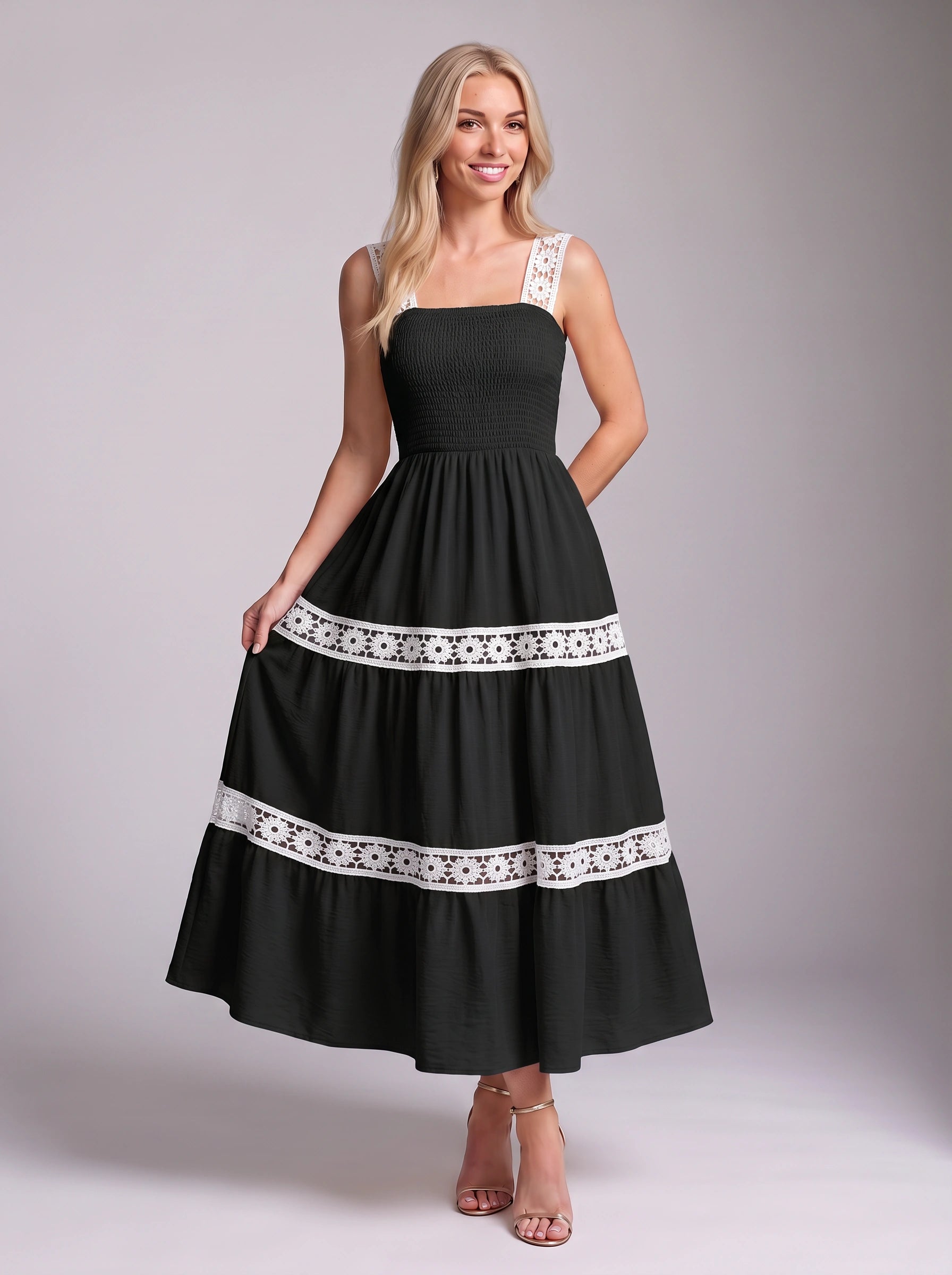 Piètro Shirred Lace Tiered Midi Dress – Women Sundress Summer Wedding Guest Vacation Casual Midi Dress