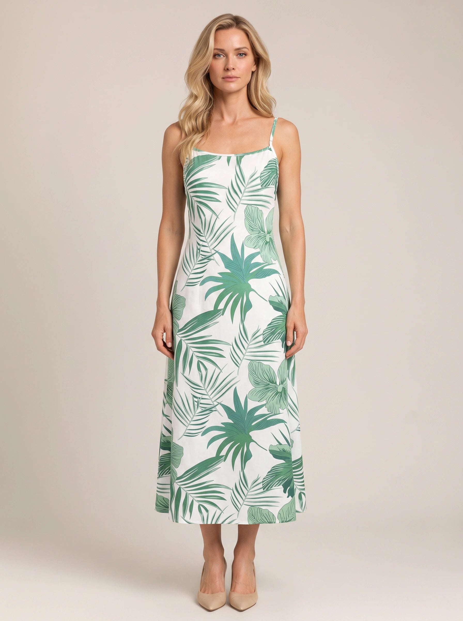 Palmeva Tropical Print Midi Dress – Summer Sundress Women Vacation Beach Resort Strappy Midi Dress