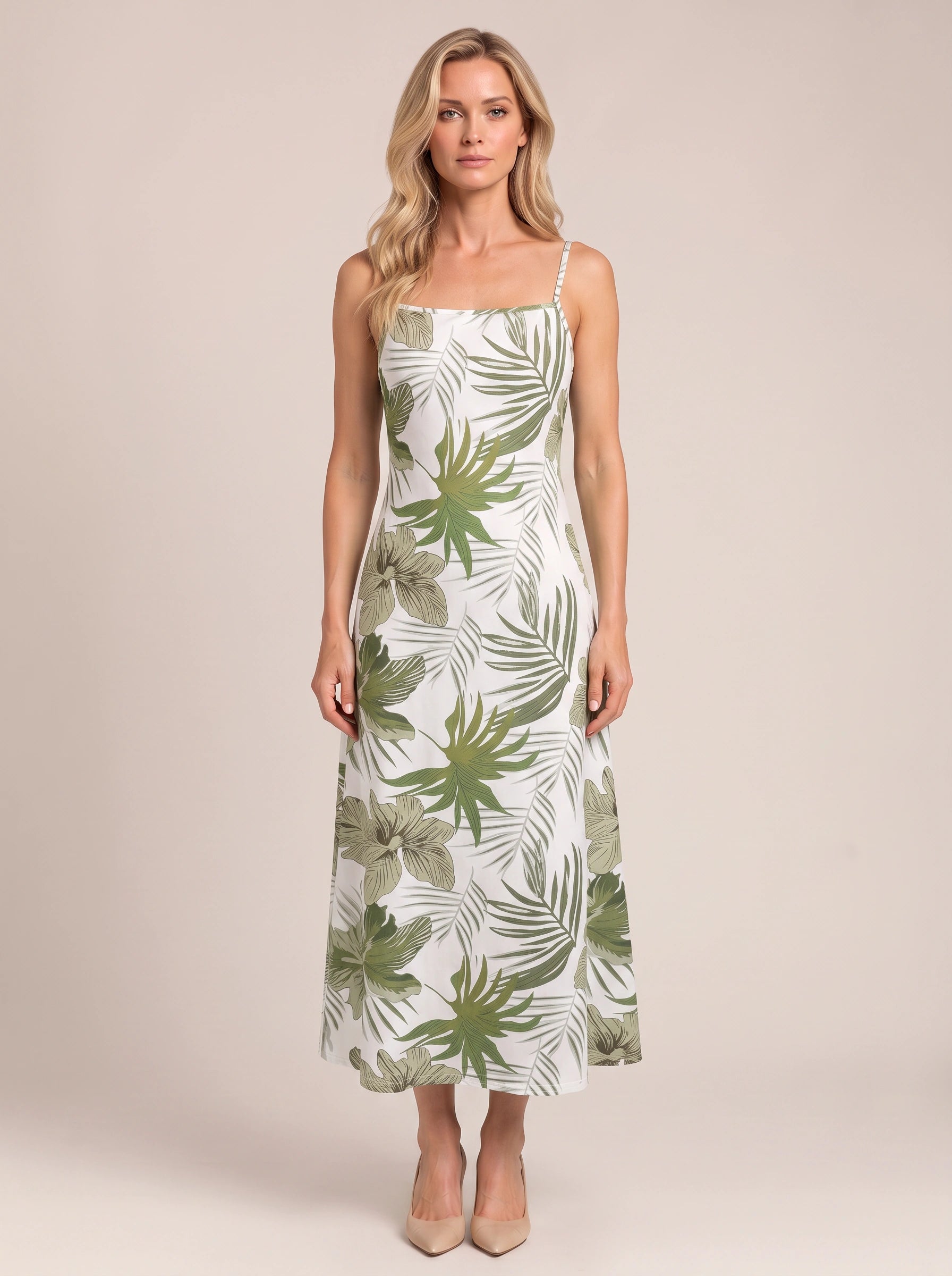 Palmeva Tropical Print Midi Dress – Summer Sundress Women Vacation Beach Resort Strappy Midi Dress