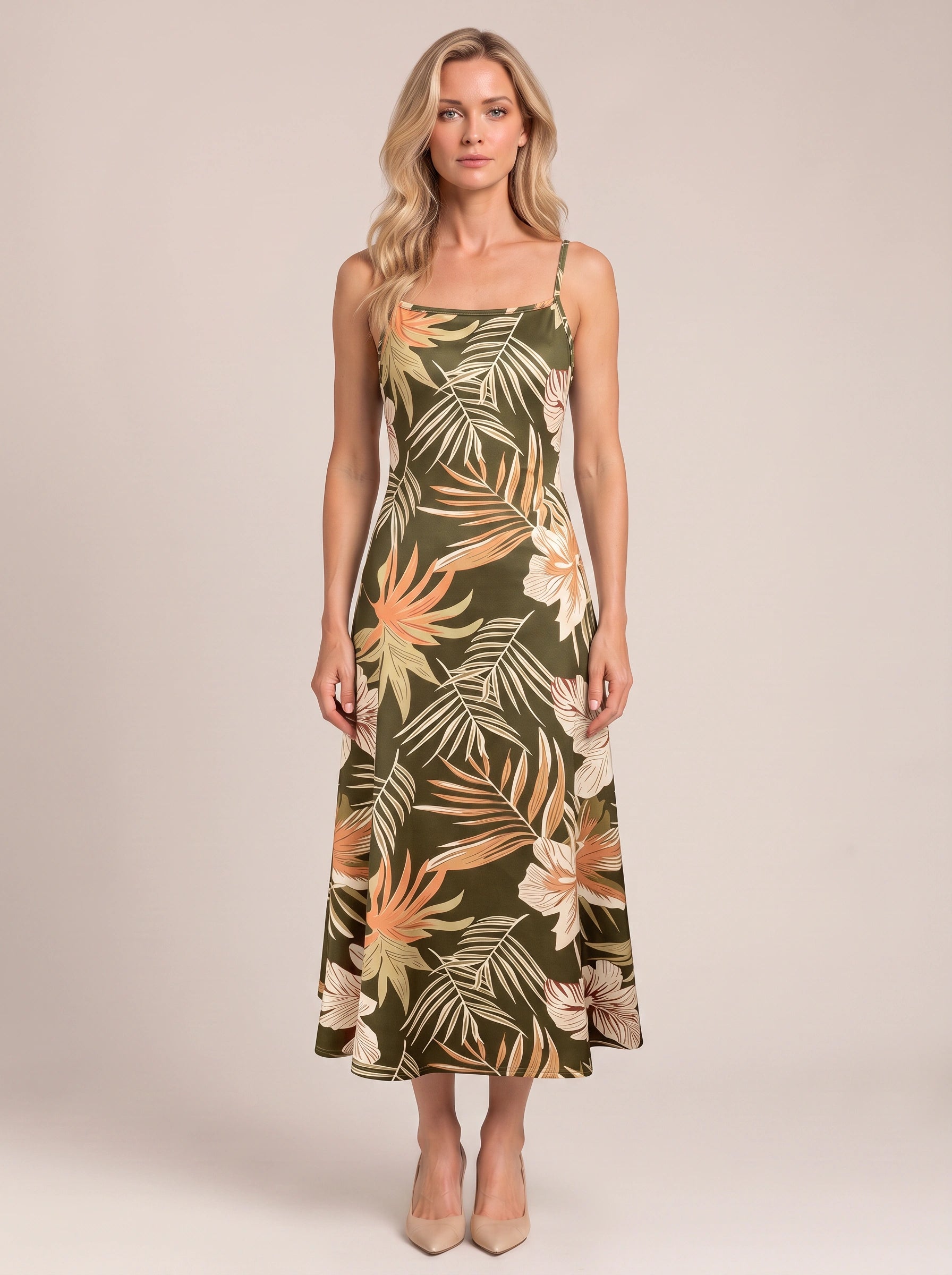 Palmeva Tropical Print Midi Dress – Summer Sundress Women Vacation Beach Resort Strappy Midi Dress