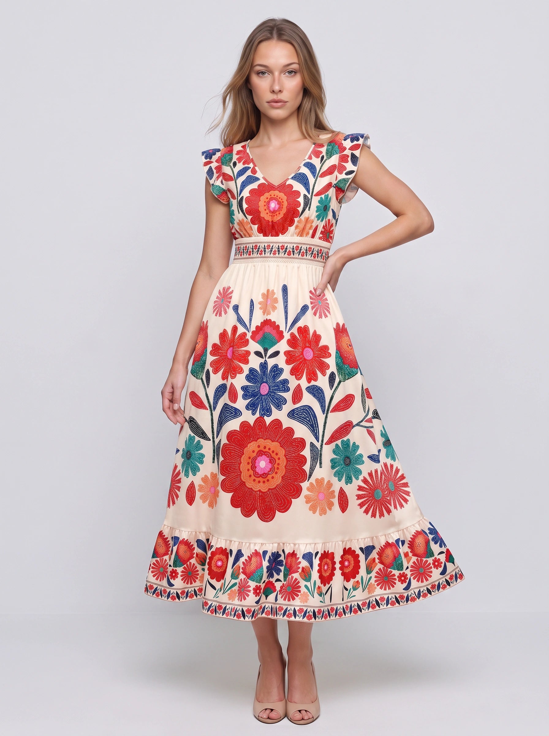 Florencia Embroidered Flutter Sleeve Midi Dress – Boho Sundress Women Summer Bohemian Ruffle Midi Dress