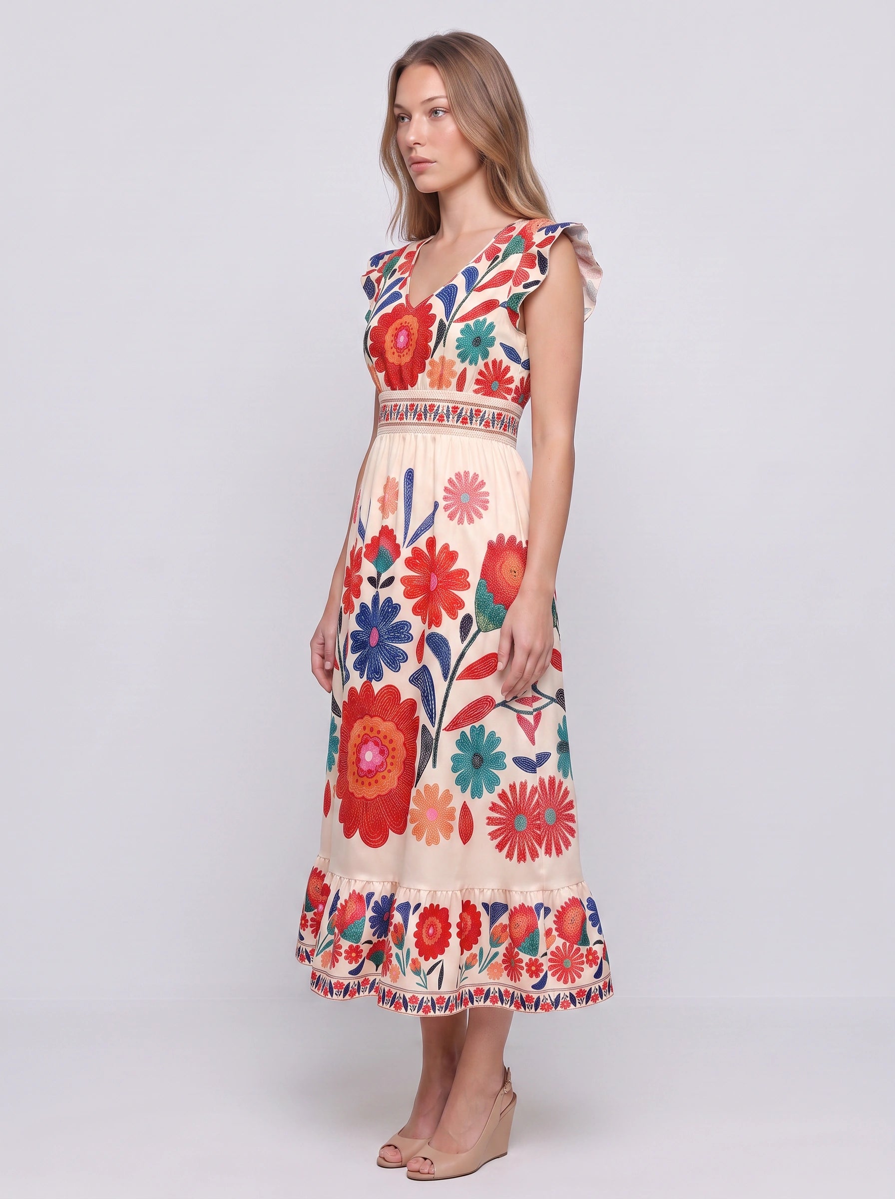 Florencia Embroidered Flutter Sleeve Midi Dress – Boho Sundress Women Summer Bohemian Ruffle Midi Dress