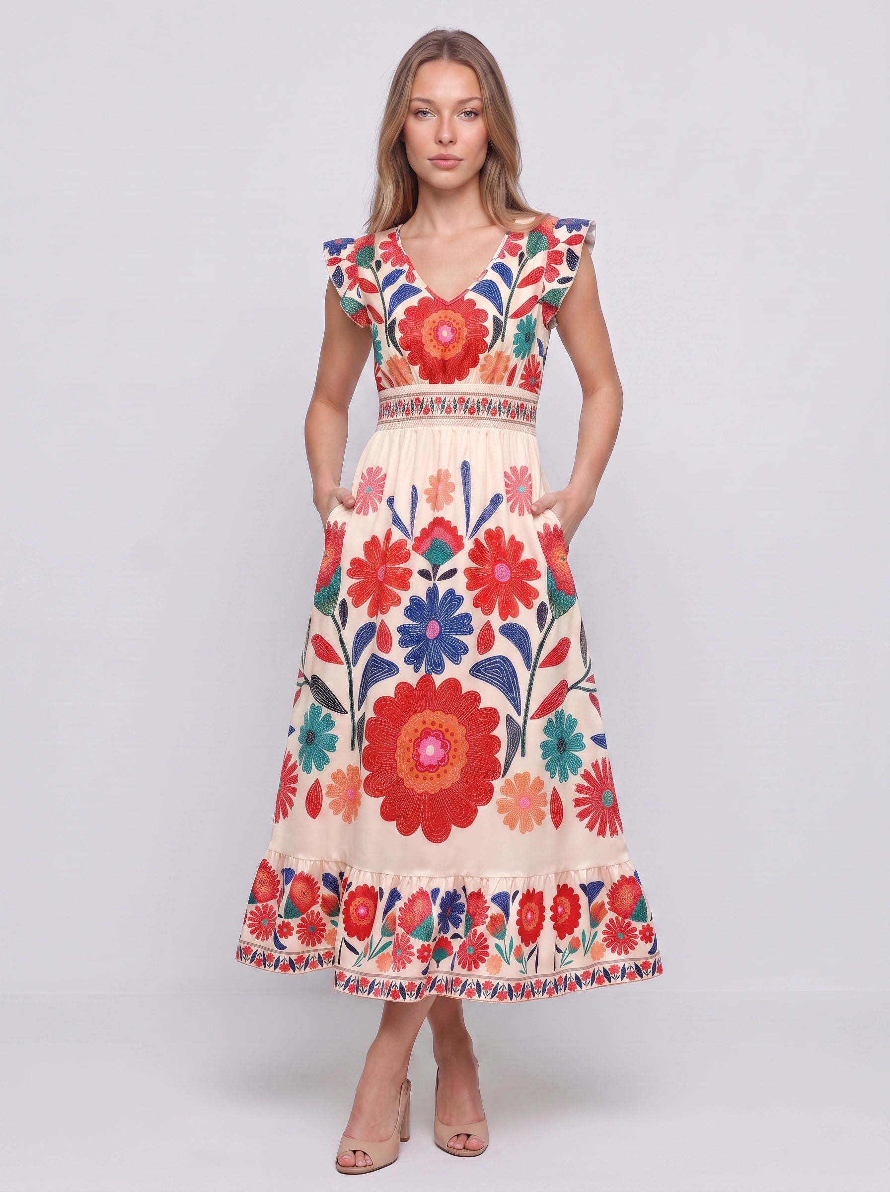 Florencia Embroidered Flutter Sleeve Midi Dress – Boho Sundress Women Summer Bohemian Ruffle Midi Dress