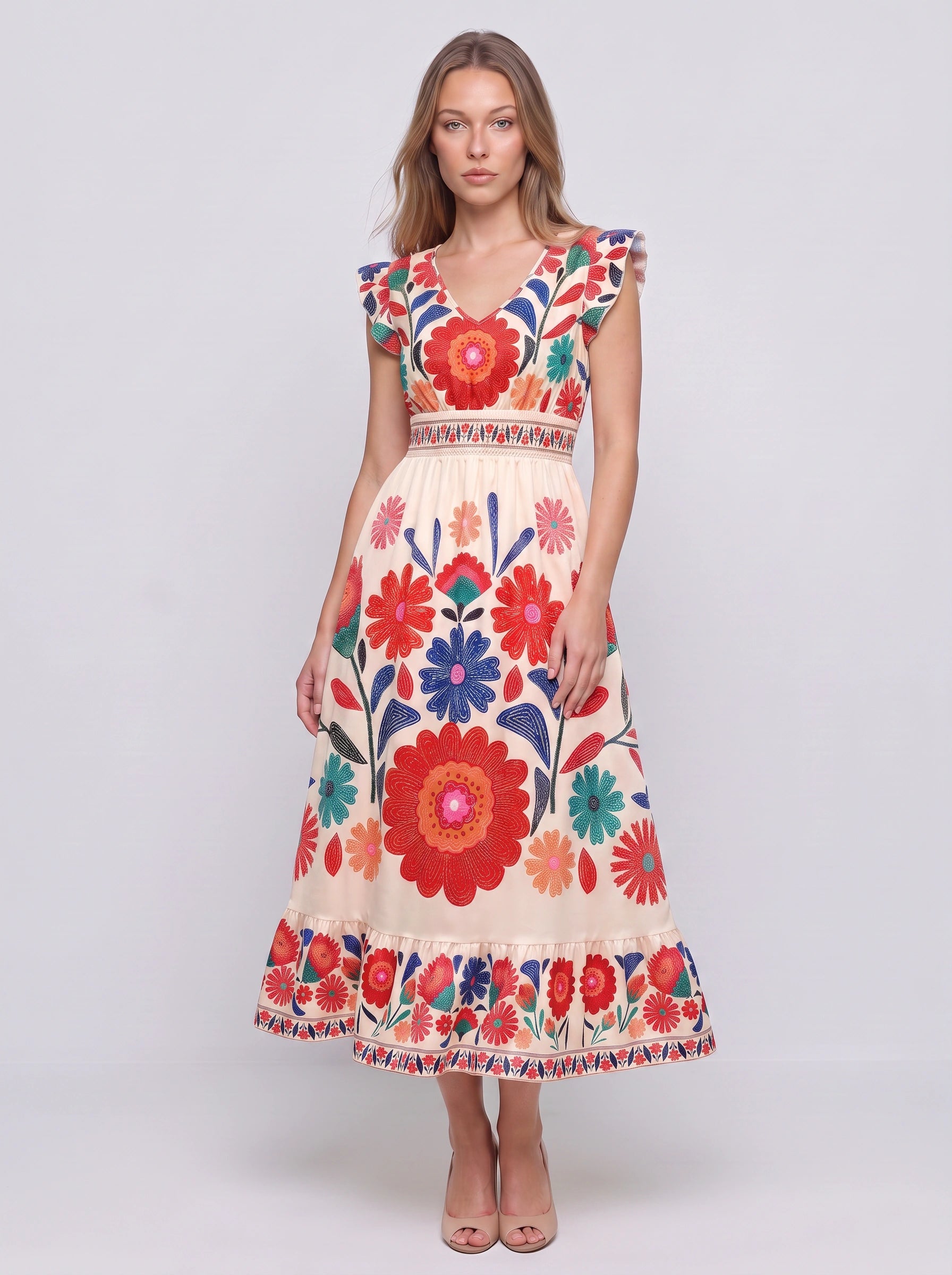 Florencia Embroidered Flutter Sleeve Midi Dress – Boho Sundress Women Summer Bohemian Ruffle Midi Dress
