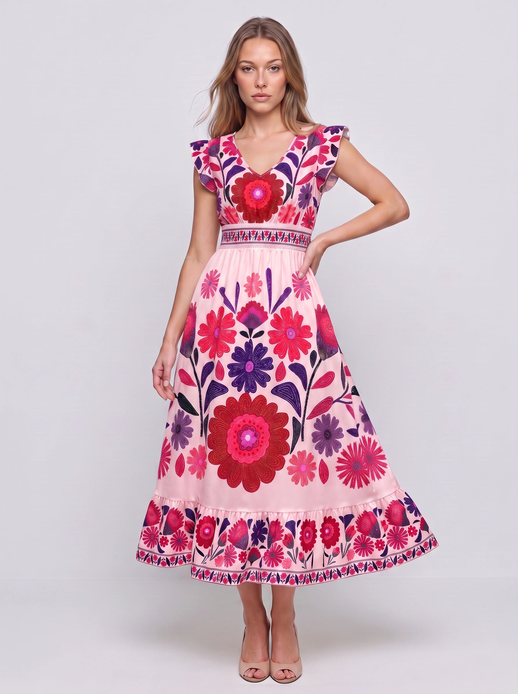 Florencia Embroidered Flutter Sleeve Midi Dress – Boho Sundress Women Summer Bohemian Ruffle Midi Dress