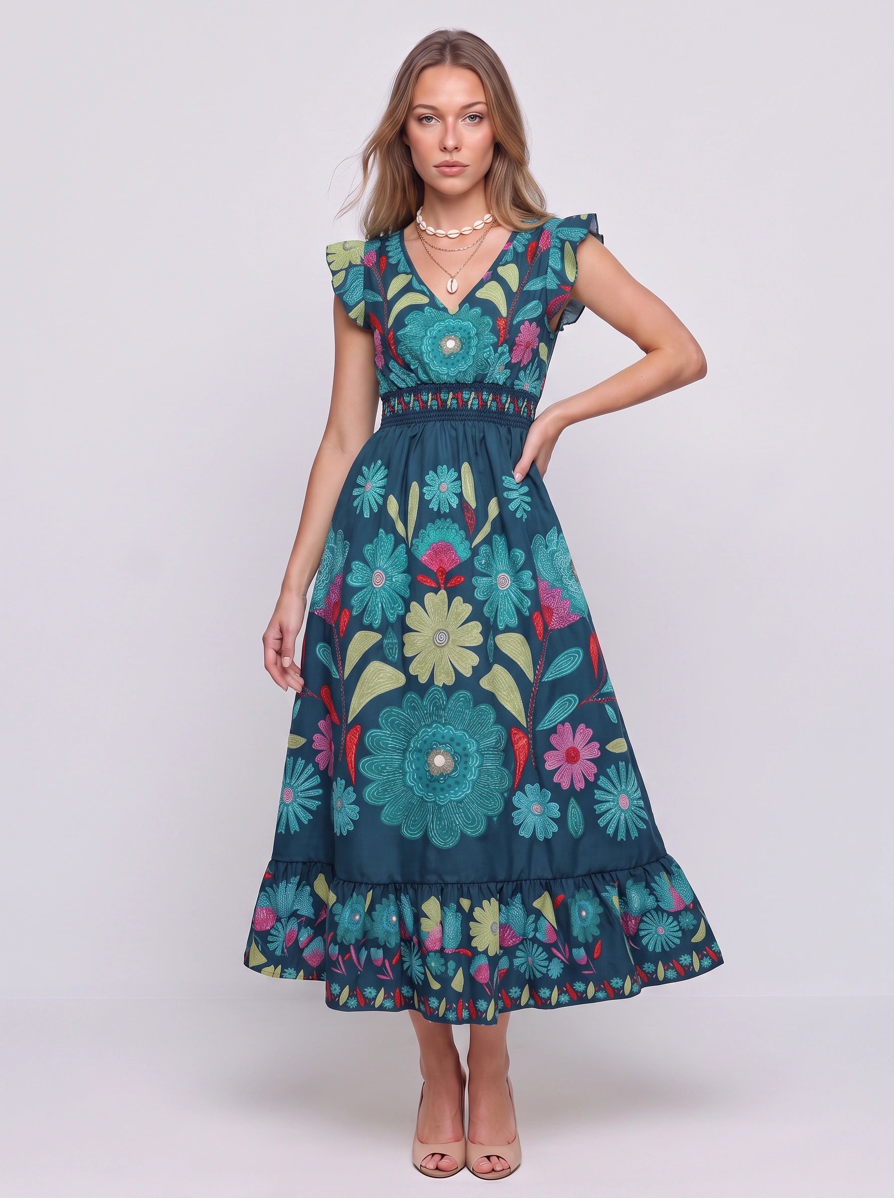 Florencia Embroidered Flutter Sleeve Midi Dress – Boho Sundress Women Summer Bohemian Ruffle Midi Dress