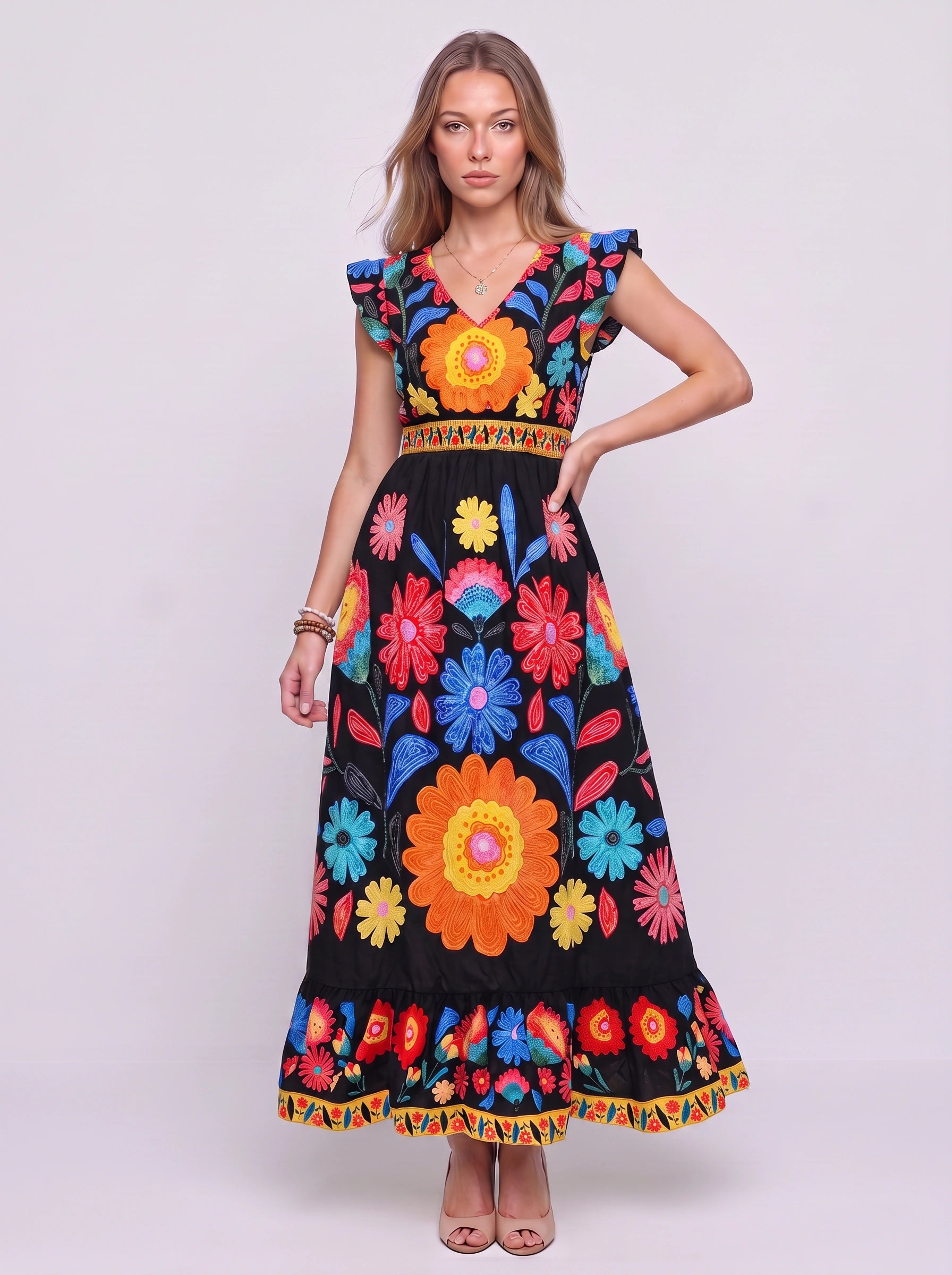 Florencia Embroidered Flutter Sleeve Midi Dress – Boho Sundress Women Summer Bohemian Ruffle Midi Dress