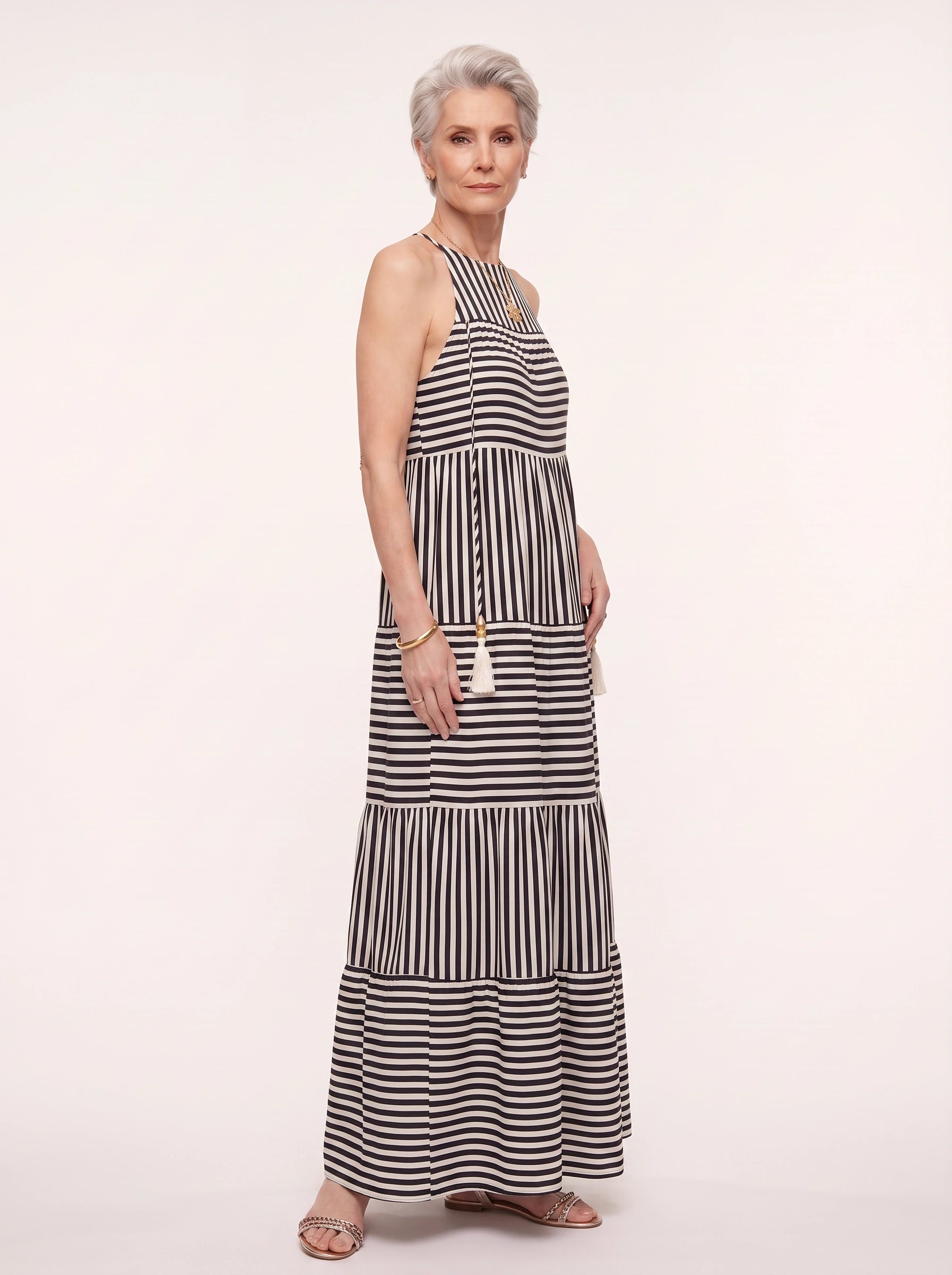 Rigatto Tiered Halter Maxi Dress – Striped Sundress Women Summer Beach Vacation Resort Casual Maxi Dress