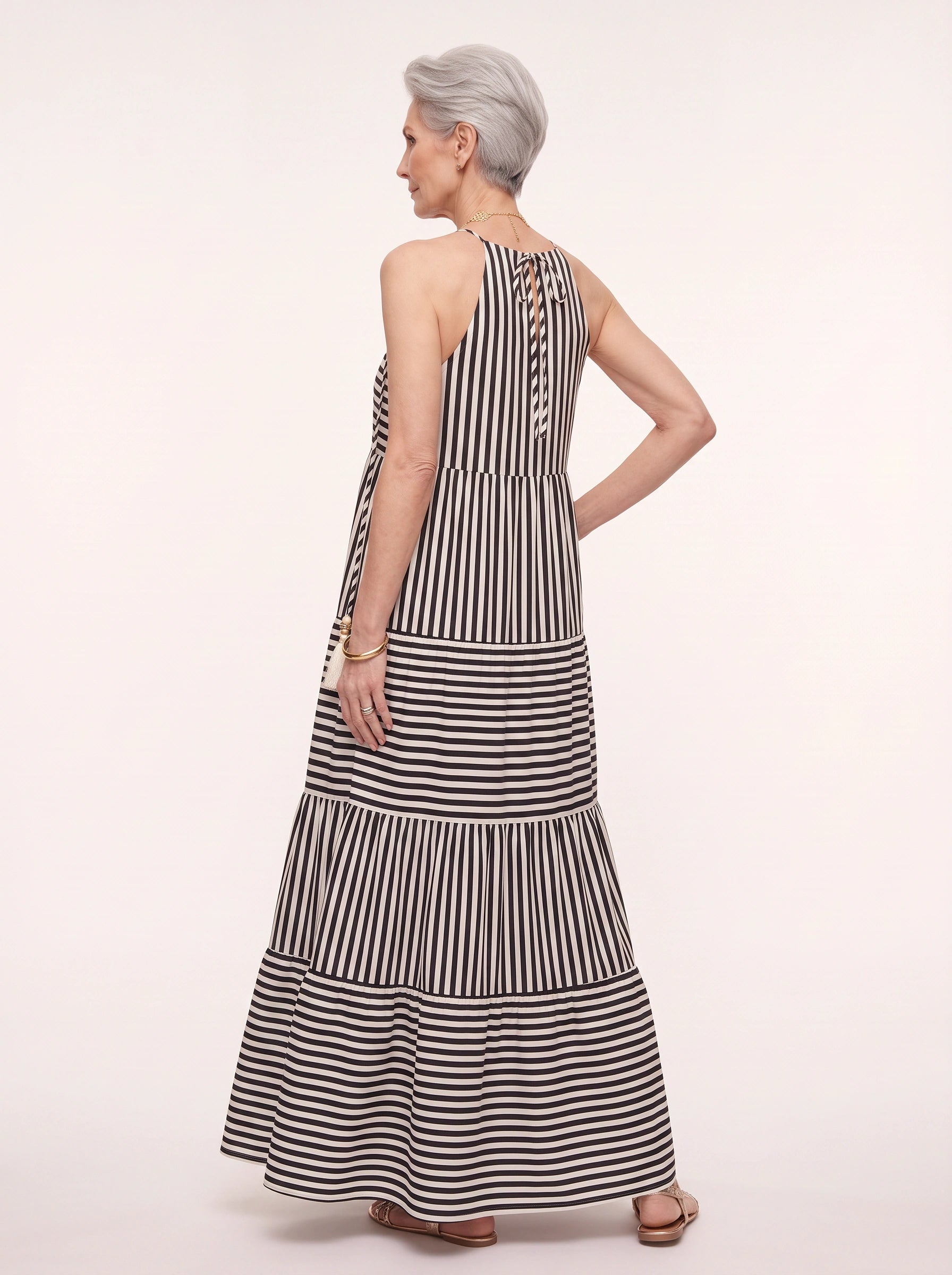 Rigatto Tiered Halter Maxi Dress – Striped Sundress Women Summer Beach Vacation Resort Casual Maxi Dress