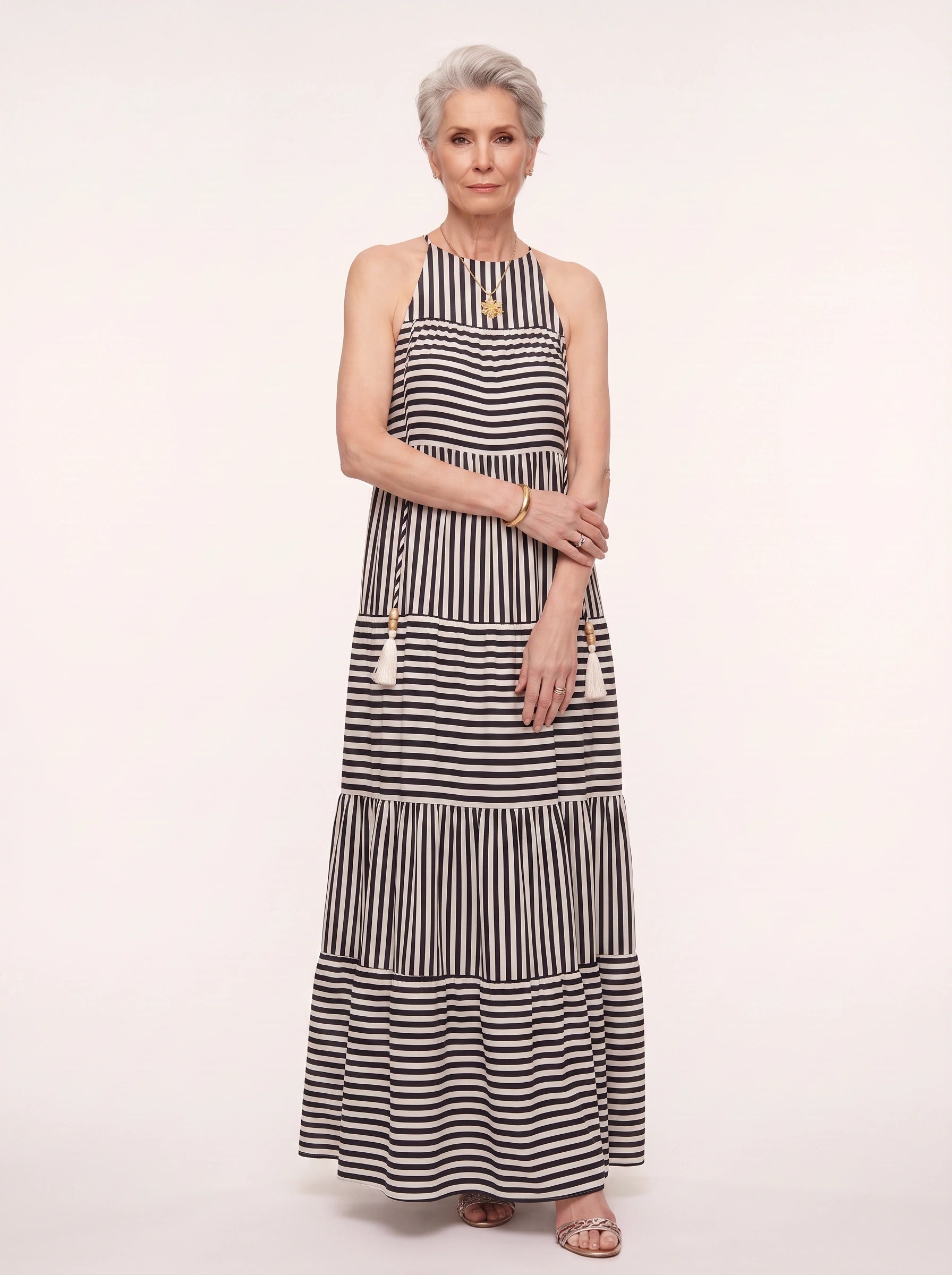 Rigatto Tiered Halter Maxi Dress – Striped Sundress Women Summer Beach Vacation Resort Casual Maxi Dress
