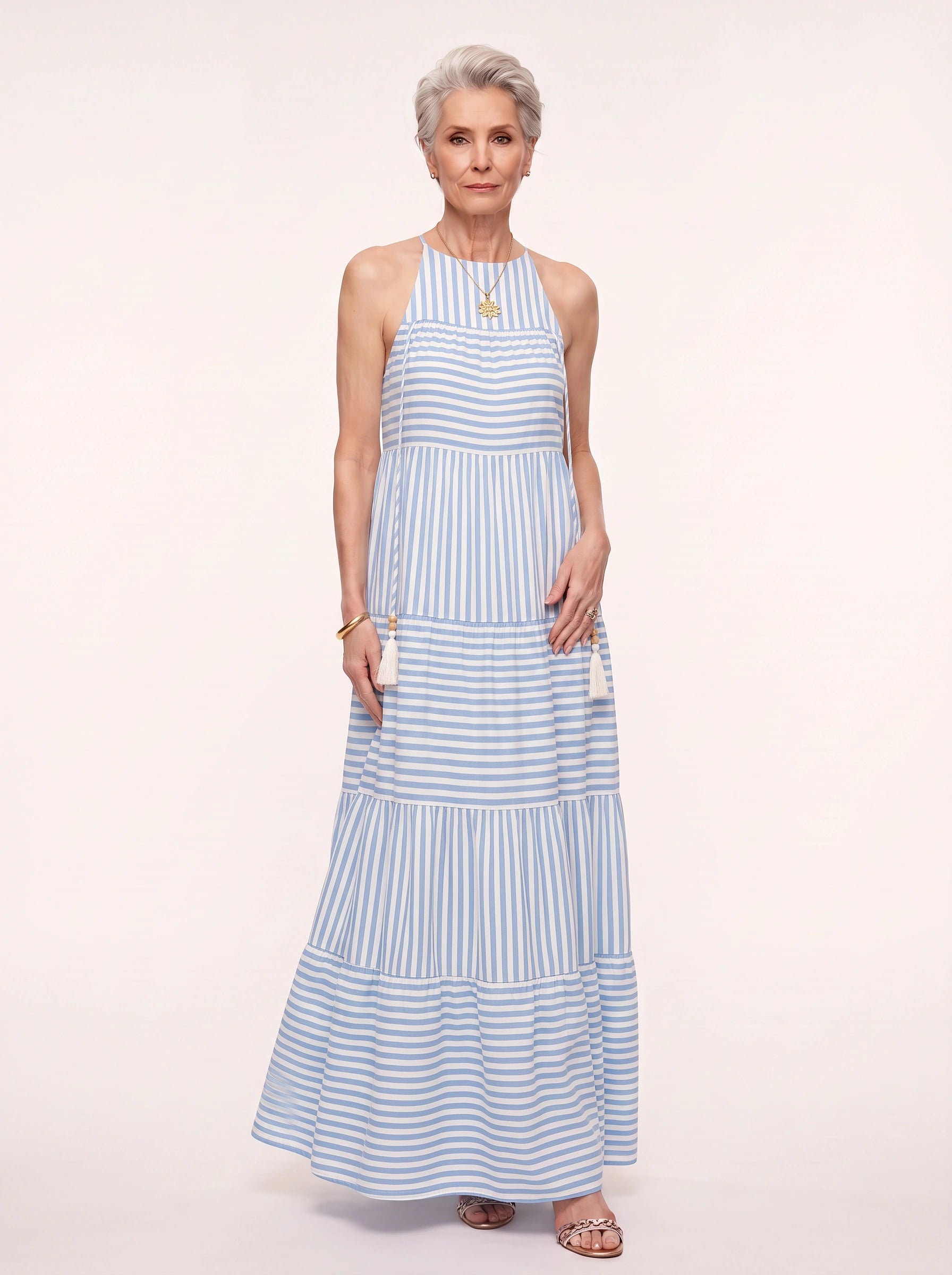 Rigatto Tiered Halter Maxi Dress – Striped Sundress Women Summer Beach Vacation Resort Casual Maxi Dress
