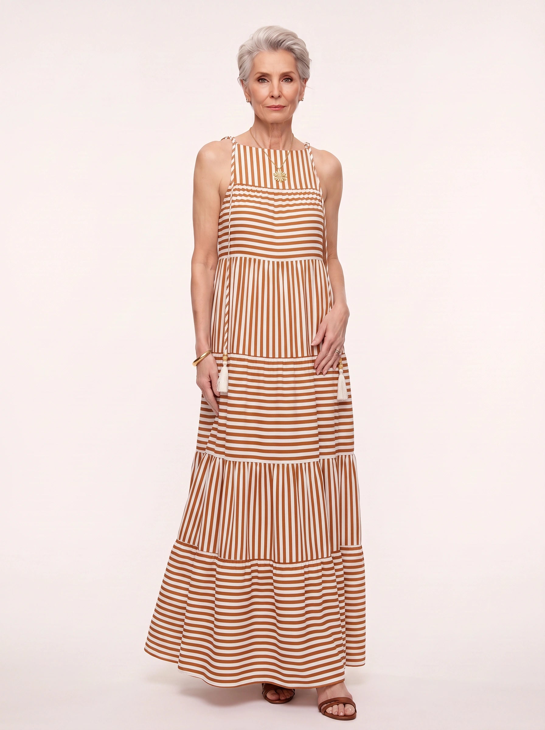 Rigatto Tiered Halter Maxi Dress – Striped Sundress Women Summer Beach Vacation Resort Casual Maxi Dress