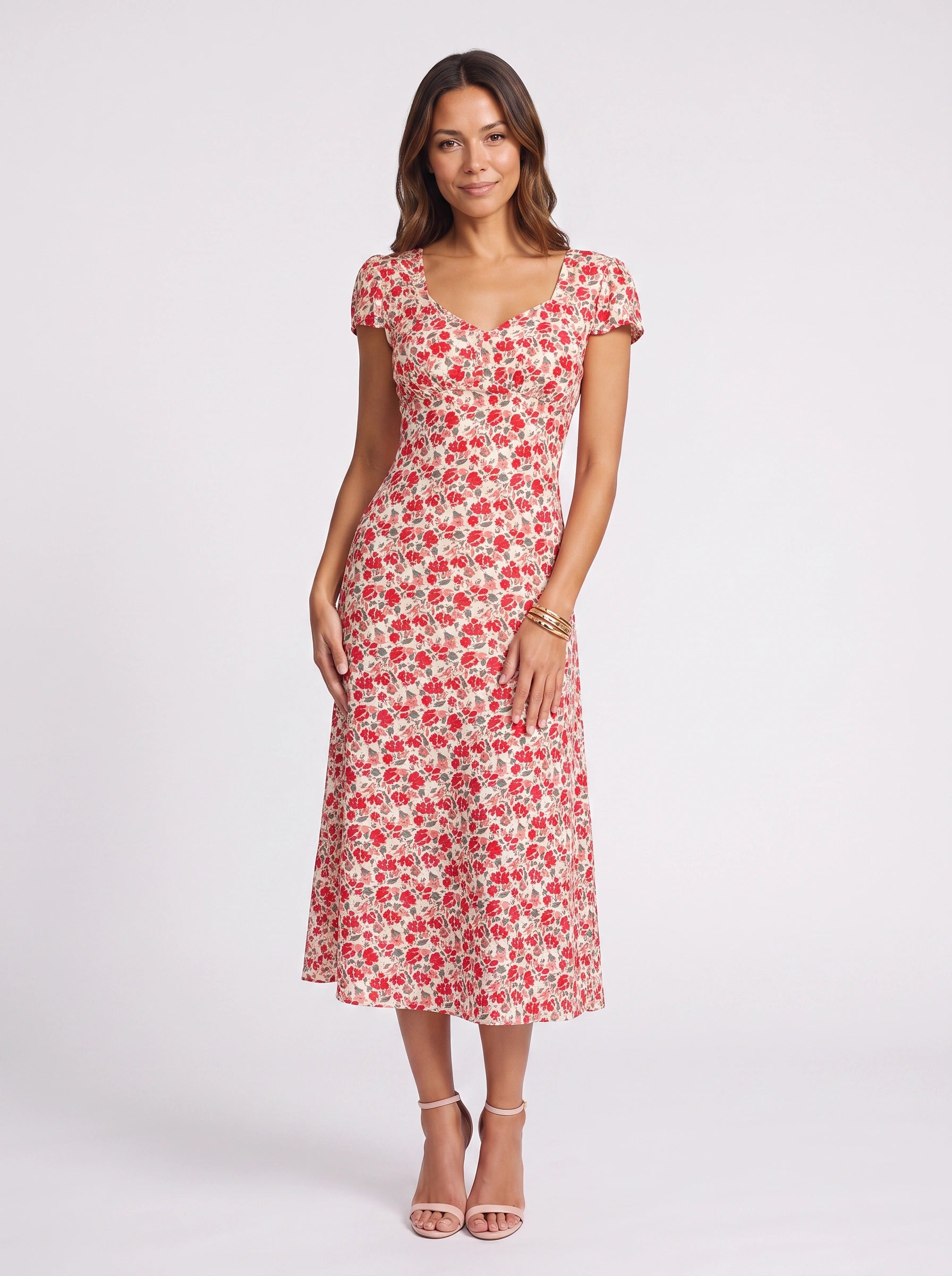 Rosamie Puff-Sleeve Midi Dress – Floral Midi Dress Women Summer Sundress V-Neck Short Sleeve Garden Party