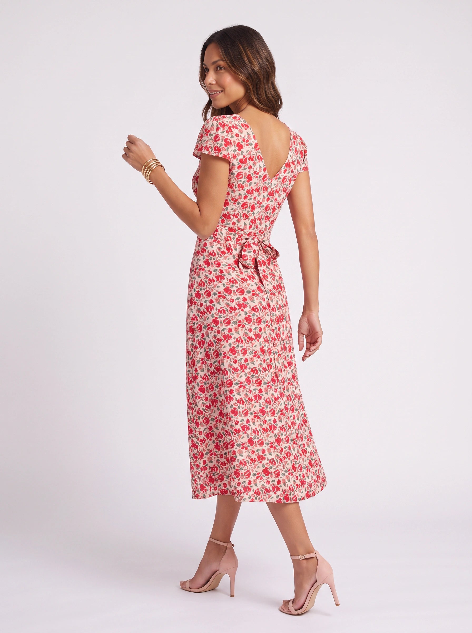 Rosamie Puff-Sleeve Midi Dress – Floral Midi Dress Women Summer Sundress V-Neck Short Sleeve Garden Party