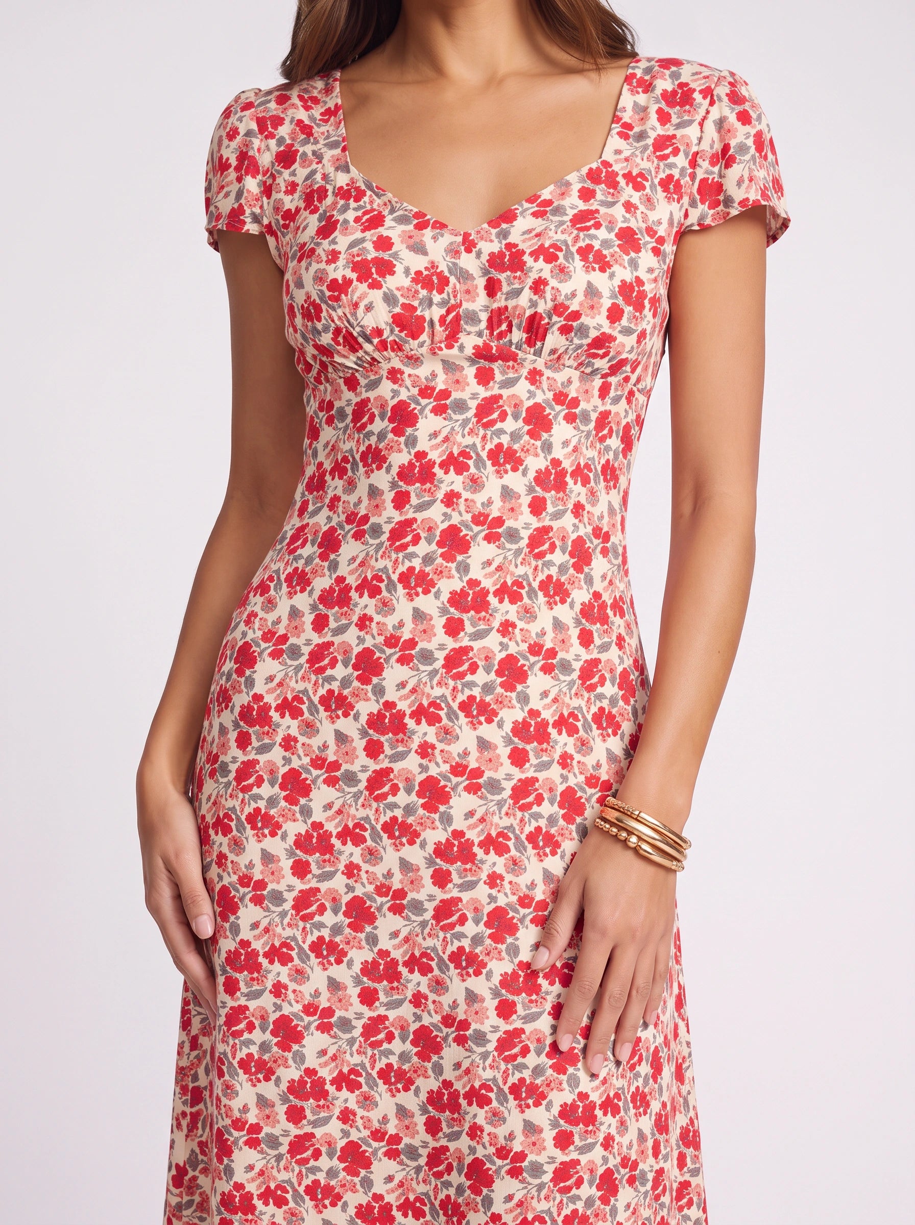 Rosamie Puff-Sleeve Midi Dress – Floral Midi Dress Women Summer Sundress V-Neck Short Sleeve Garden Party