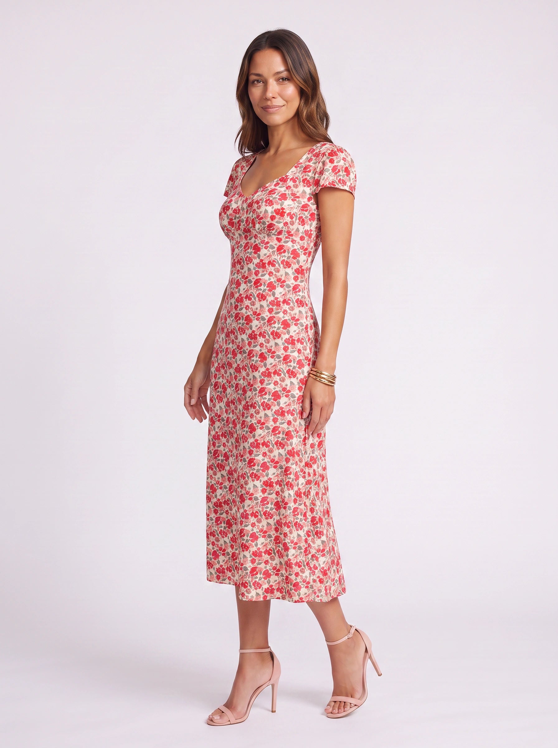 Rosamie Puff-Sleeve Midi Dress – Floral Midi Dress Women Summer Sundress V-Neck Short Sleeve Garden Party