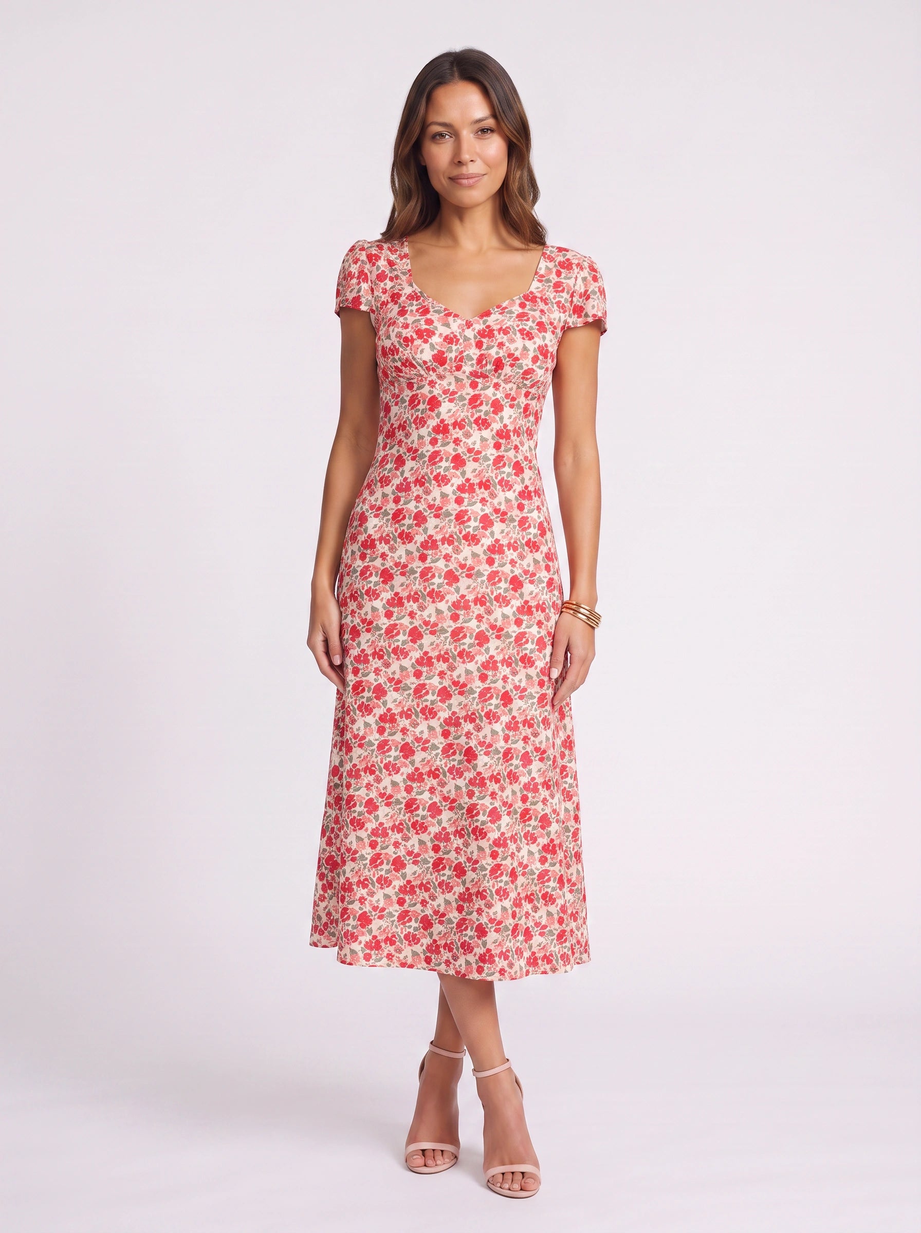 Rosamie Puff-Sleeve Midi Dress – Floral Midi Dress Women Summer Sundress V-Neck Short Sleeve Garden Party