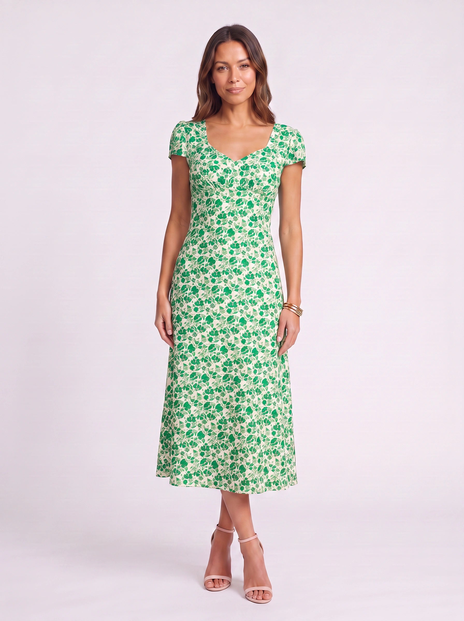 Rosamie Puff-Sleeve Midi Dress – Floral Midi Dress Women Summer Sundress V-Neck Short Sleeve Garden Party