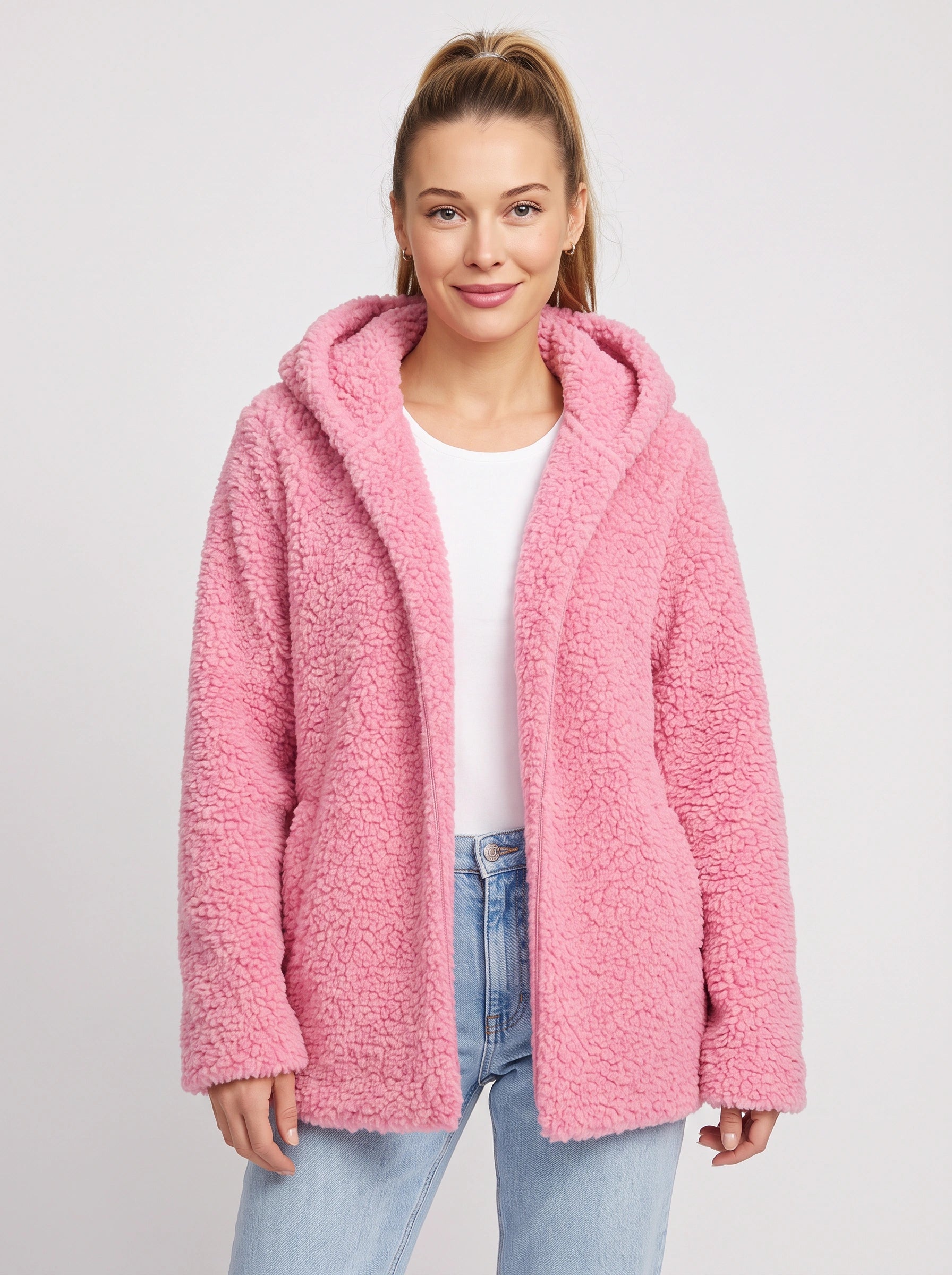 Nubelo Hooded Teddy Fleece Jacket – Oversized Cardigan Women Winter Cozy Sherpa Fleece Open Front Longline Cardigan