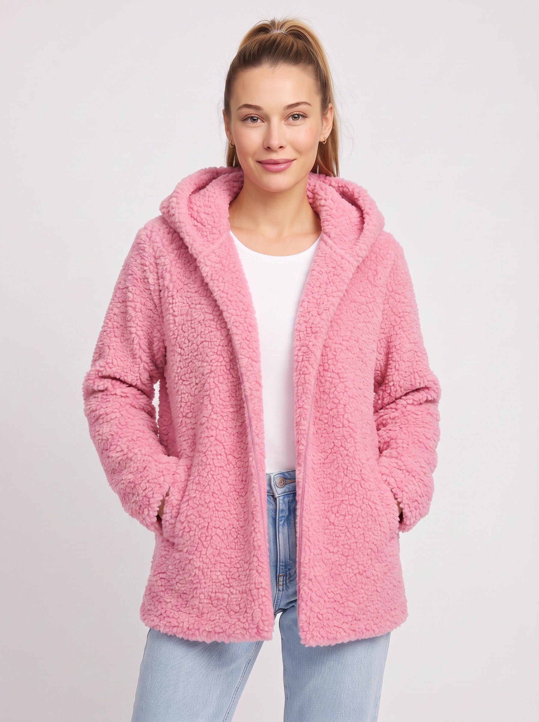 Nubelo Hooded Teddy Fleece Jacket – Oversized Cardigan Women Winter Cozy Sherpa Fleece Open Front Longline Cardigan
