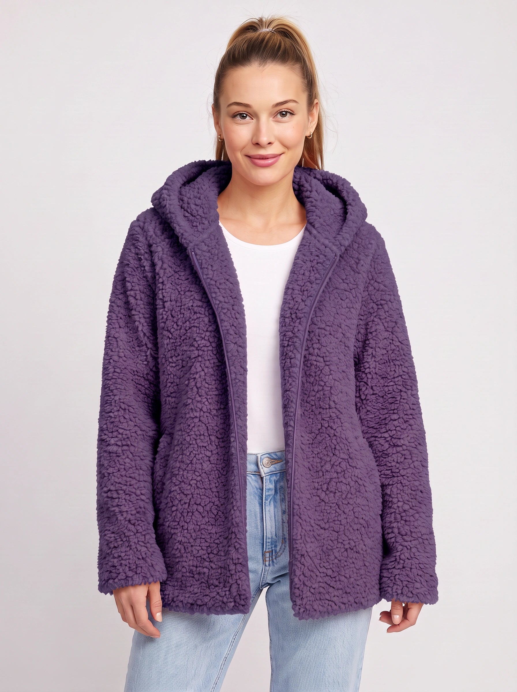 Nubelo Hooded Teddy Fleece Jacket – Oversized Cardigan Women Winter Cozy Sherpa Fleece Open Front Longline Cardigan