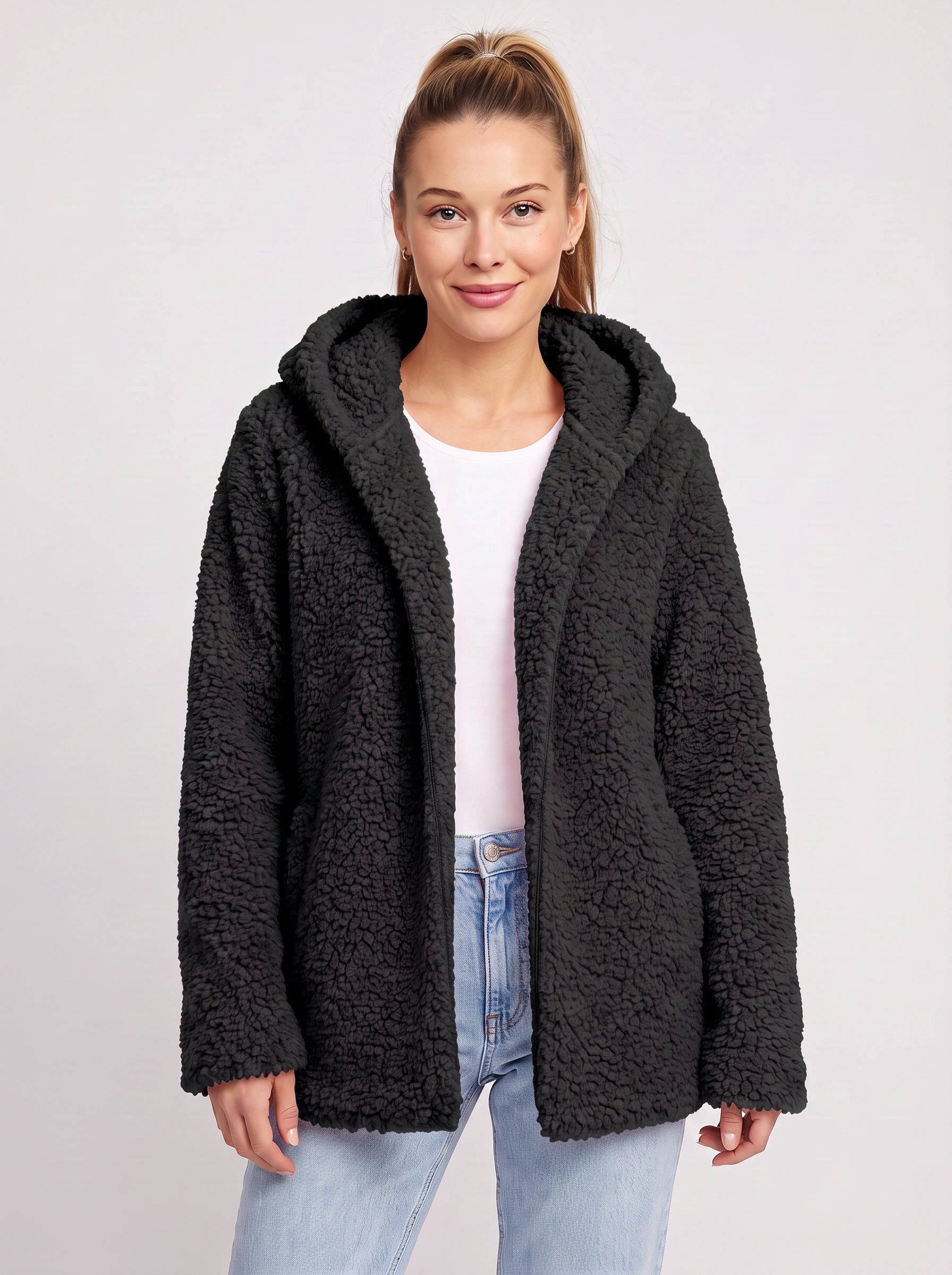 Nubelo Hooded Teddy Fleece Jacket – Oversized Cardigan Women Winter Cozy Sherpa Fleece Open Front Longline Cardigan