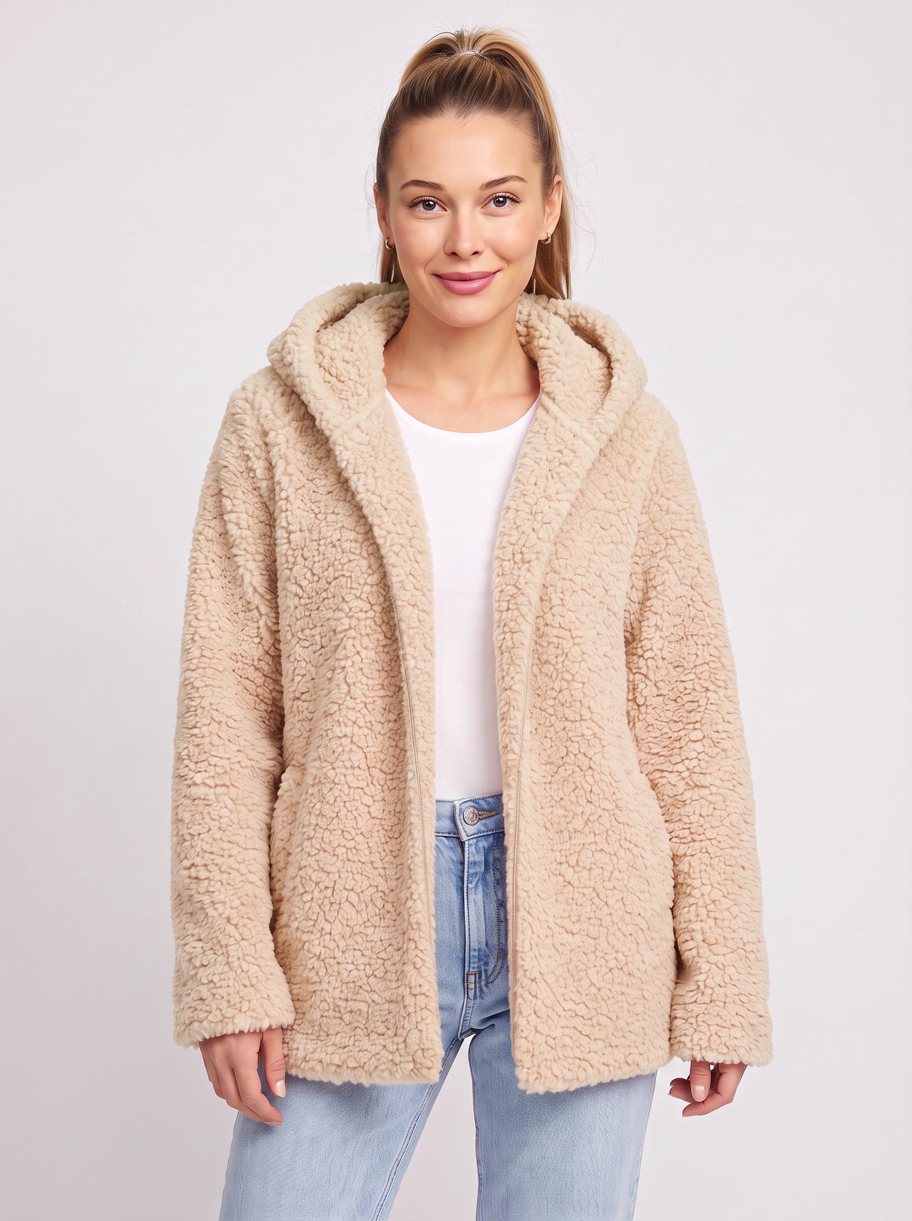 Nubelo Hooded Teddy Fleece Jacket – Oversized Cardigan Women Winter Cozy Sherpa Fleece Open Front Longline Cardigan
