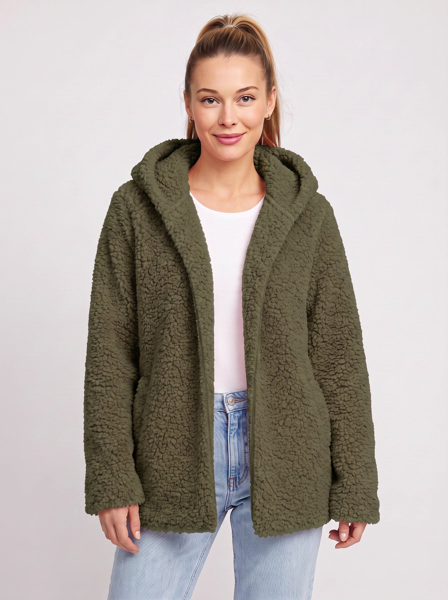 Nubelo Hooded Teddy Fleece Jacket – Oversized Cardigan Women Winter Cozy Sherpa Fleece Open Front Longline Cardigan