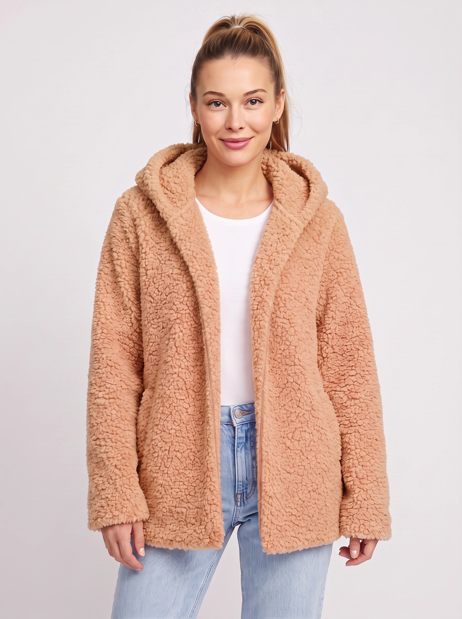 Nubelo Hooded Teddy Fleece Jacket – Oversized Cardigan Women Winter Cozy Sherpa Fleece Open Front Longline Cardigan