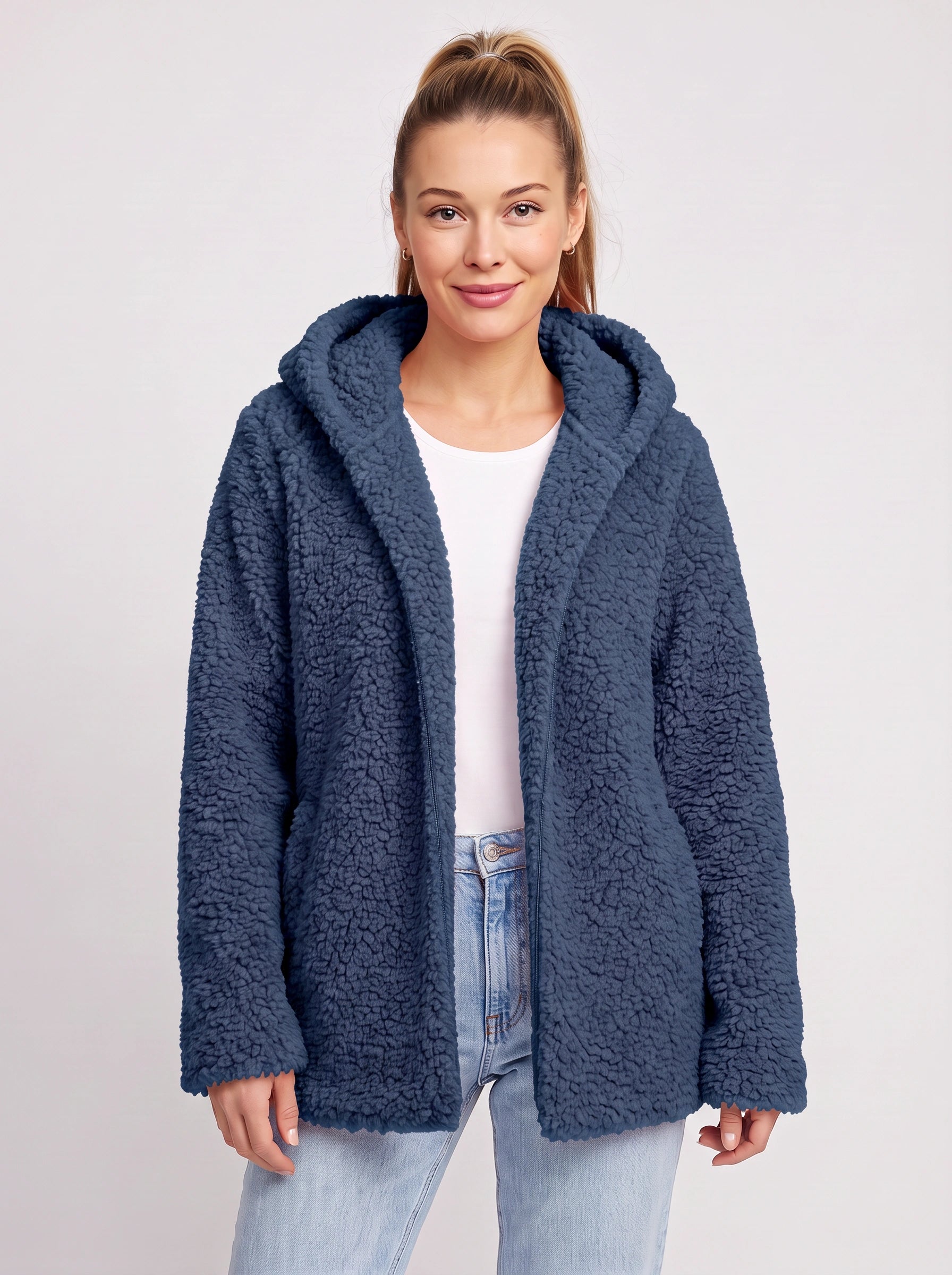 Nubelo Hooded Teddy Fleece Jacket – Oversized Cardigan Women Winter Cozy Sherpa Fleece Open Front Longline Cardigan