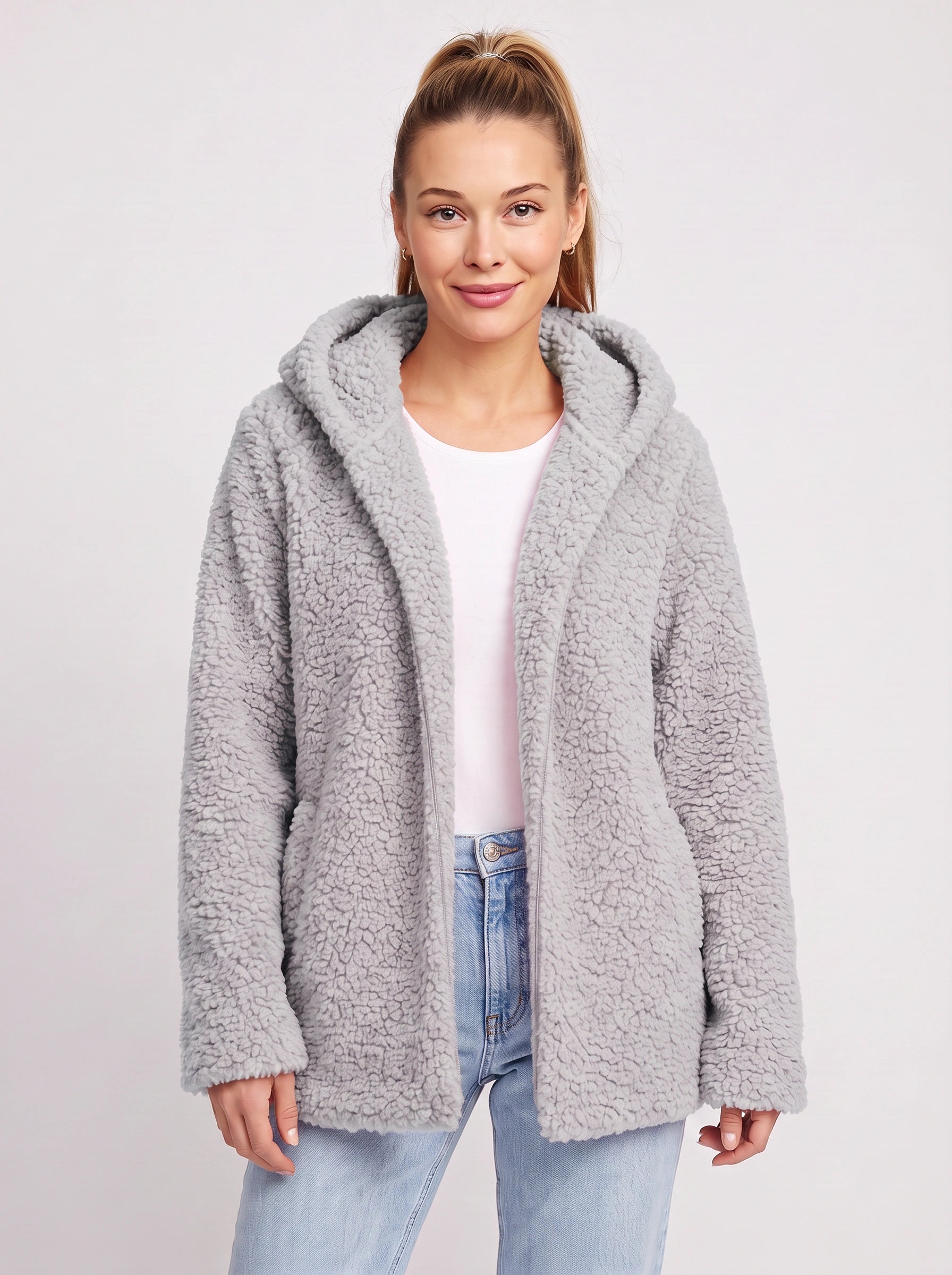 Nubelo Hooded Teddy Fleece Jacket – Oversized Cardigan Women Winter Cozy Sherpa Fleece Open Front Longline Cardigan