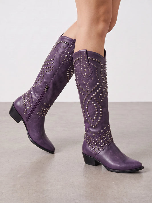 Bottes western à clous montantes jusqu’au genou Sagres – Bottes de cow-girl pour femme, bottes western montantes tendance
