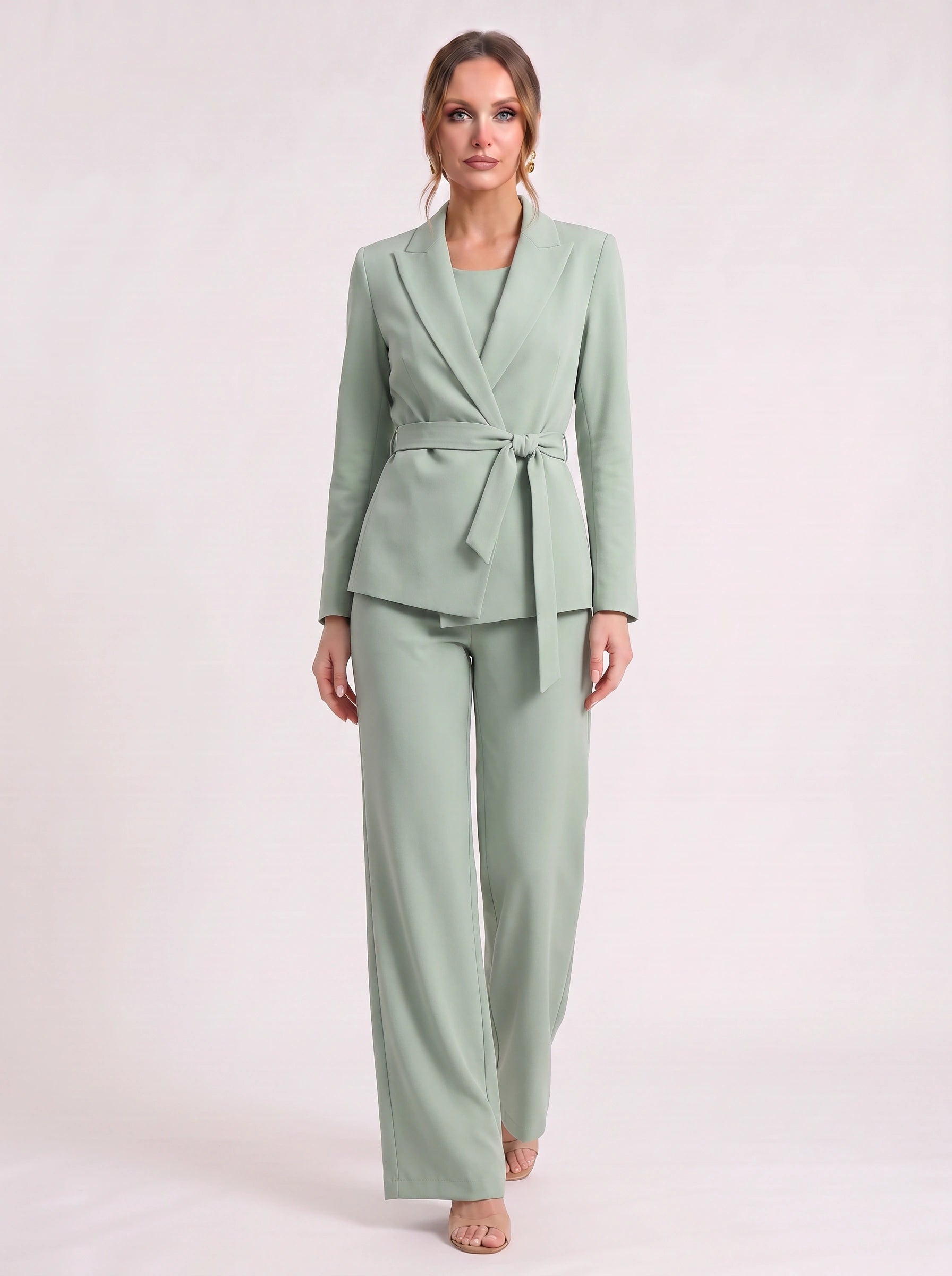 Roquebrune Belted Blazer Trouser Set – Palazzo Pantsuit Women Formal Office Wedding Guest Tailored Wide-Leg Suit