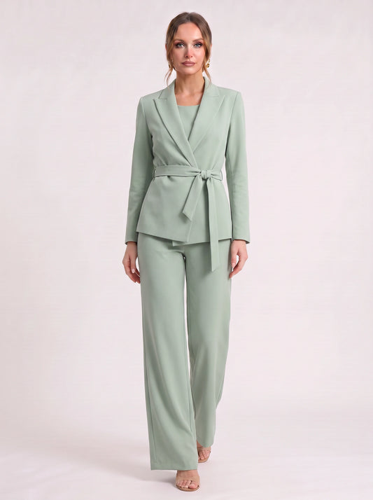 Roquebrune Belted Blazer Trouser Set – Palazzo Pantsuit Women Formal Office Wedding Guest Tailored Wide-Leg Suit