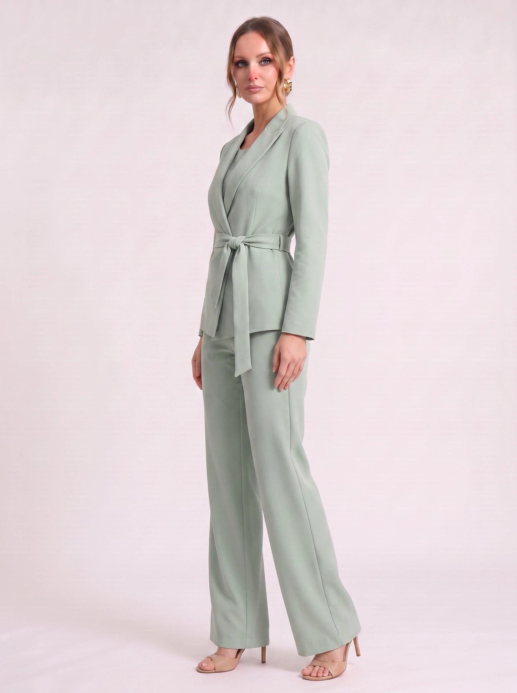Roquebrune Belted Blazer Trouser Set – Palazzo Pantsuit Women Formal Office Wedding Guest Tailored Wide-Leg Suit