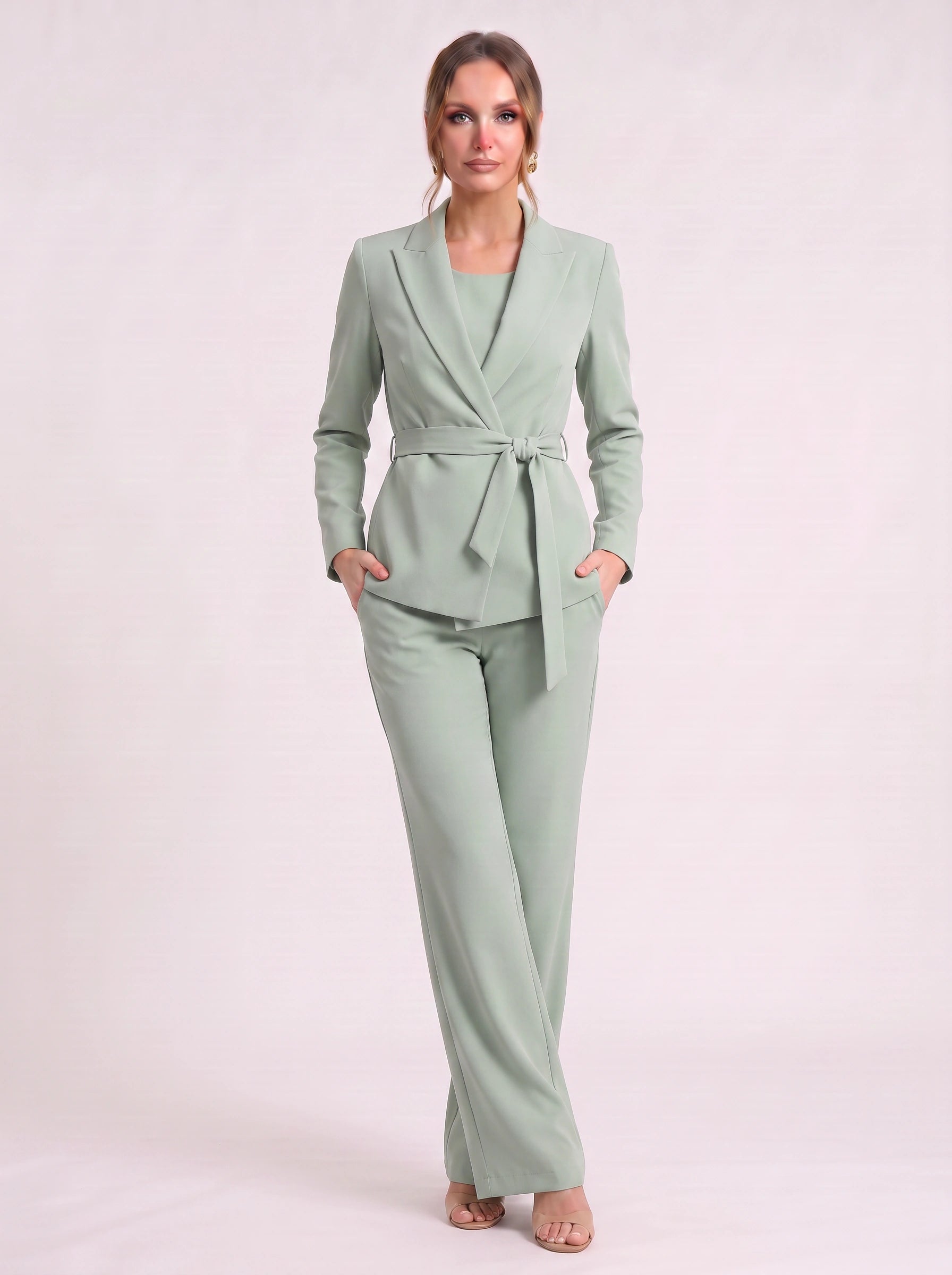 Roquebrune Belted Blazer Trouser Set – Palazzo Pantsuit Women Formal Office Wedding Guest Tailored Wide-Leg Suit