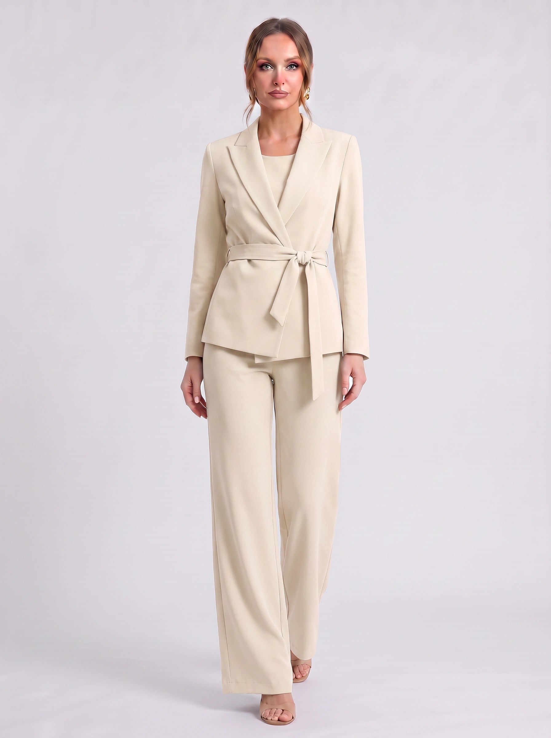 Roquebrune Belted Blazer Trouser Set – Palazzo Pantsuit Women Formal Office Wedding Guest Tailored Wide-Leg Suit