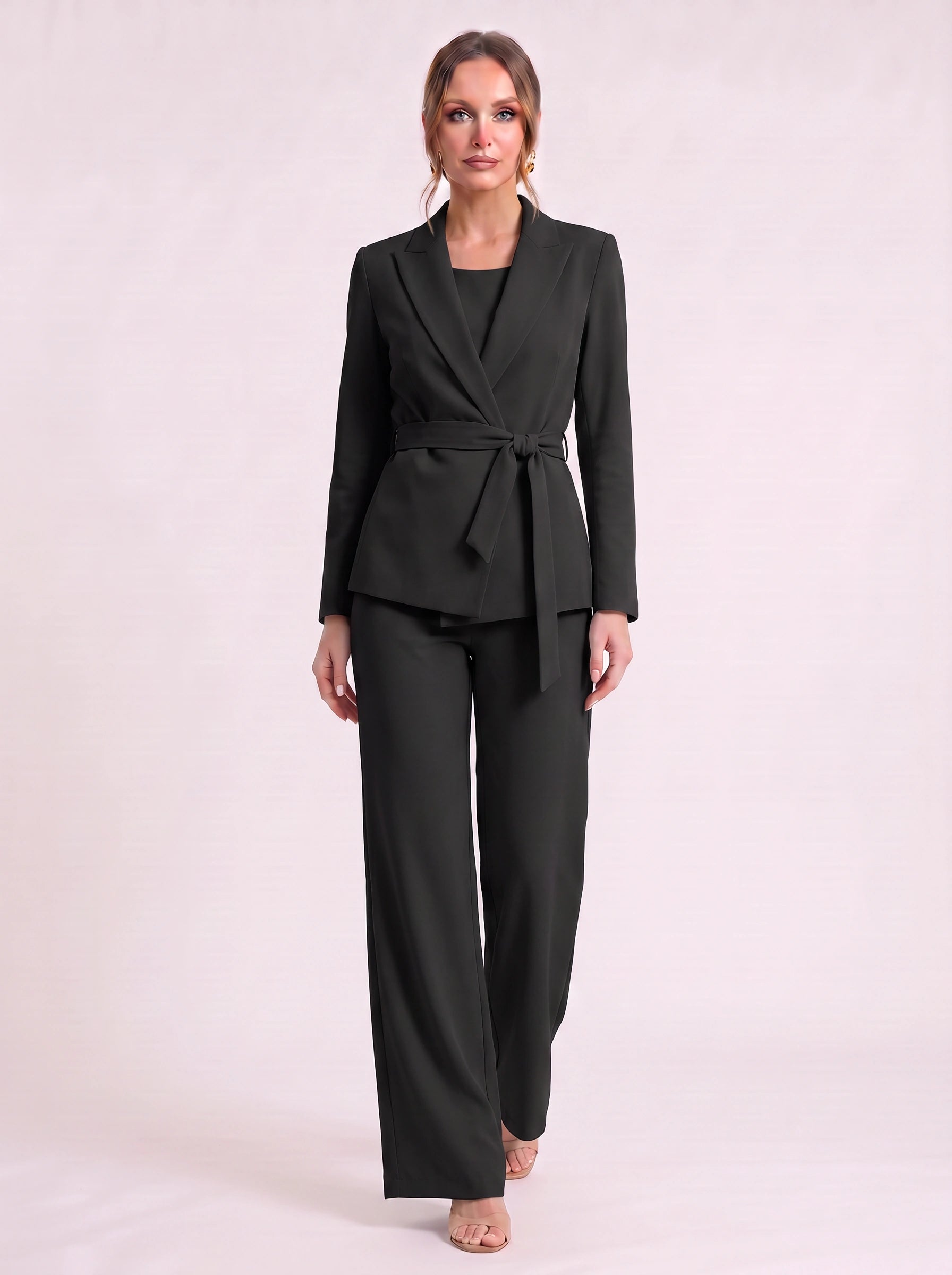 Roquebrune Belted Blazer Trouser Set – Palazzo Pantsuit Women Formal Office Wedding Guest Tailored Wide-Leg Suit