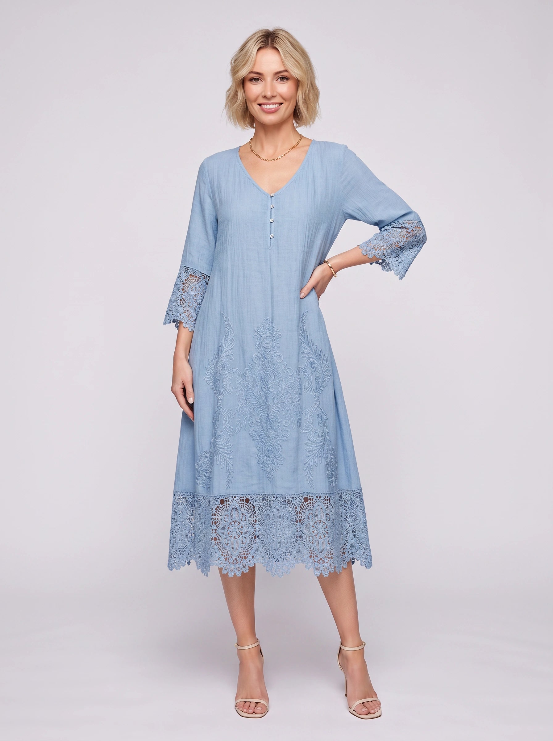Brodelle Embroidered Lace Trim Midi Dress – Women Formal Wedding Guest Elegant Long Sleeve Summer Midi Dress