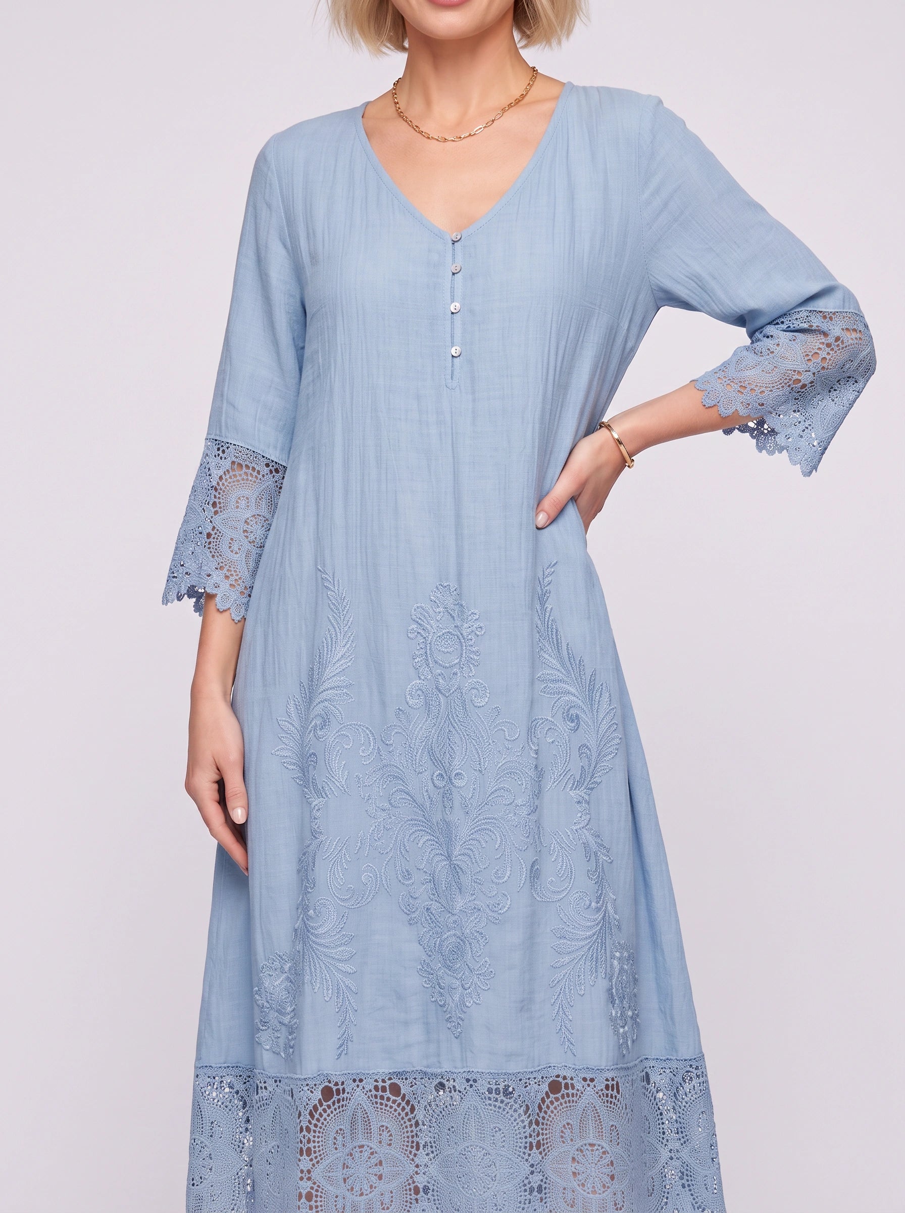 Brodelle Embroidered Lace Trim Midi Dress – Women Formal Wedding Guest Elegant Long Sleeve Summer Midi Dress