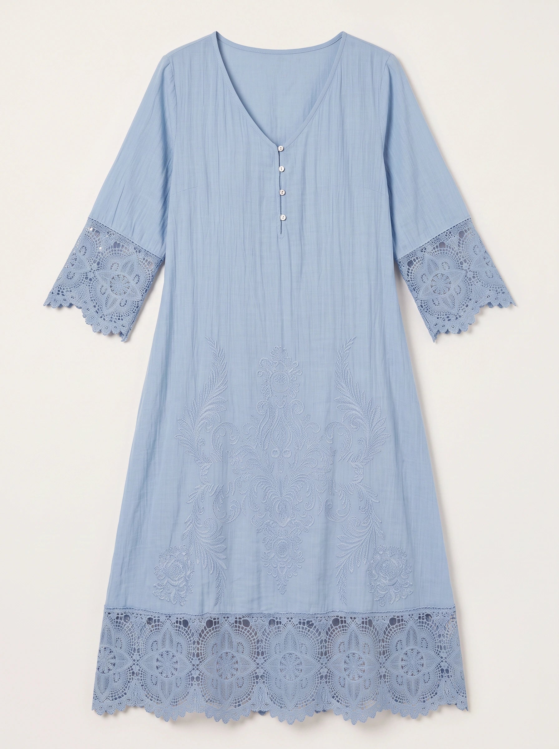 Brodelle Embroidered Lace Trim Midi Dress – Women Formal Wedding Guest Elegant Long Sleeve Summer Midi Dress
