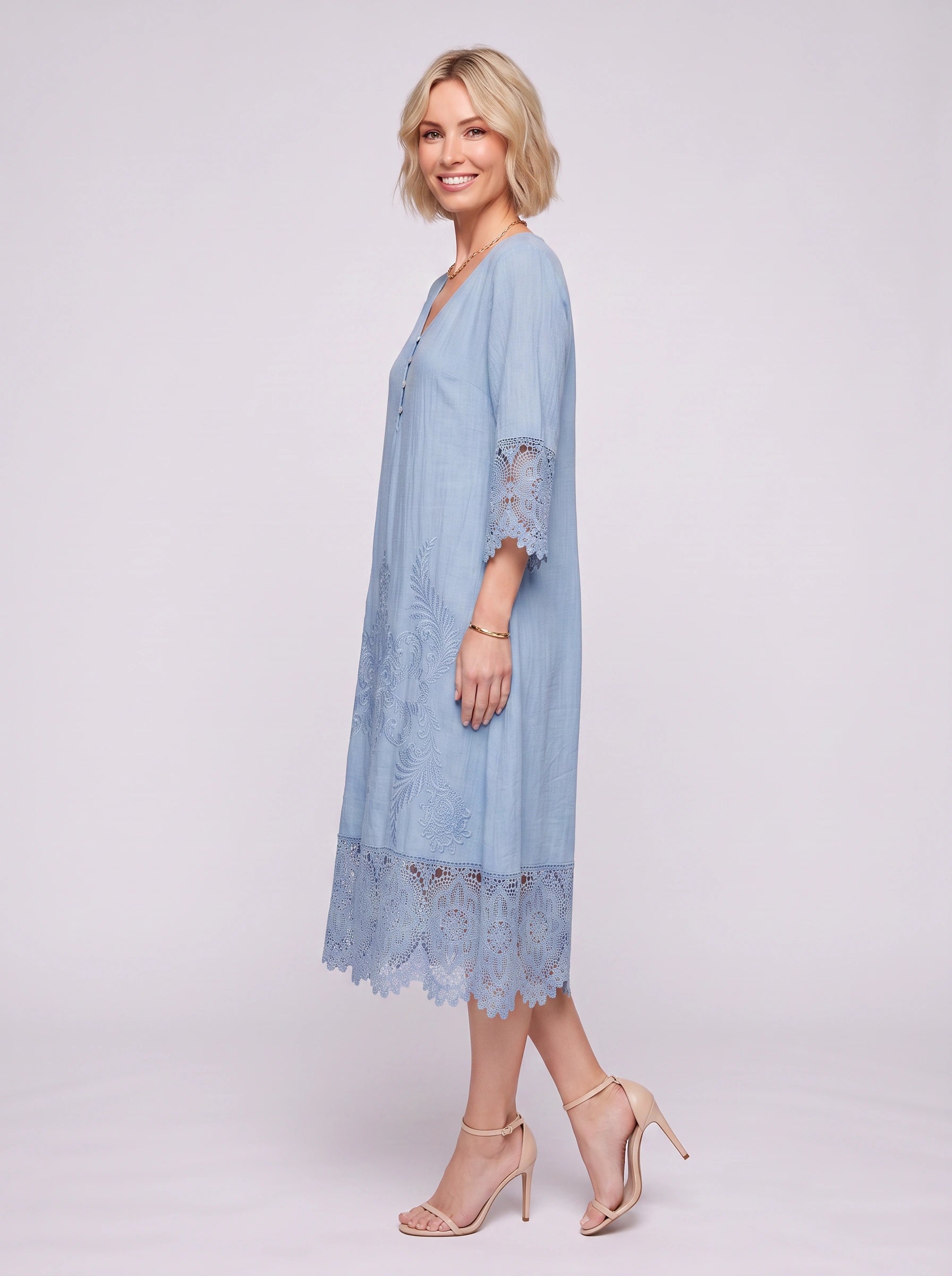 Brodelle Embroidered Lace Trim Midi Dress – Women Formal Wedding Guest Elegant Long Sleeve Summer Midi Dress
