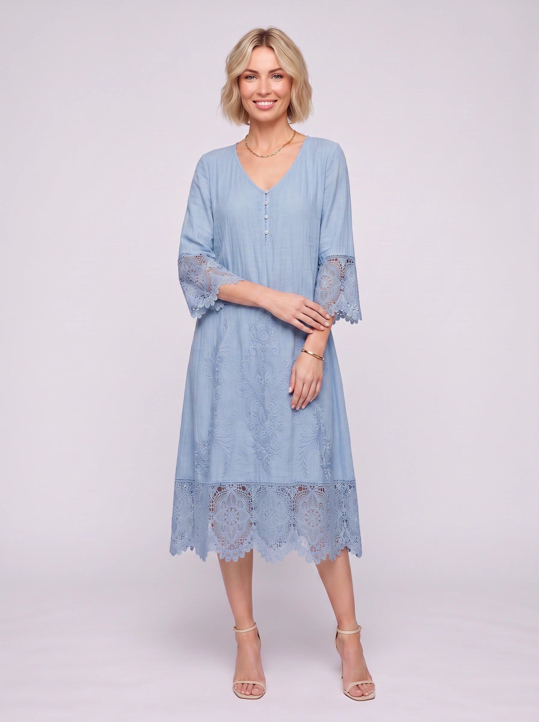Brodelle Embroidered Lace Trim Midi Dress – Women Formal Wedding Guest Elegant Long Sleeve Summer Midi Dress