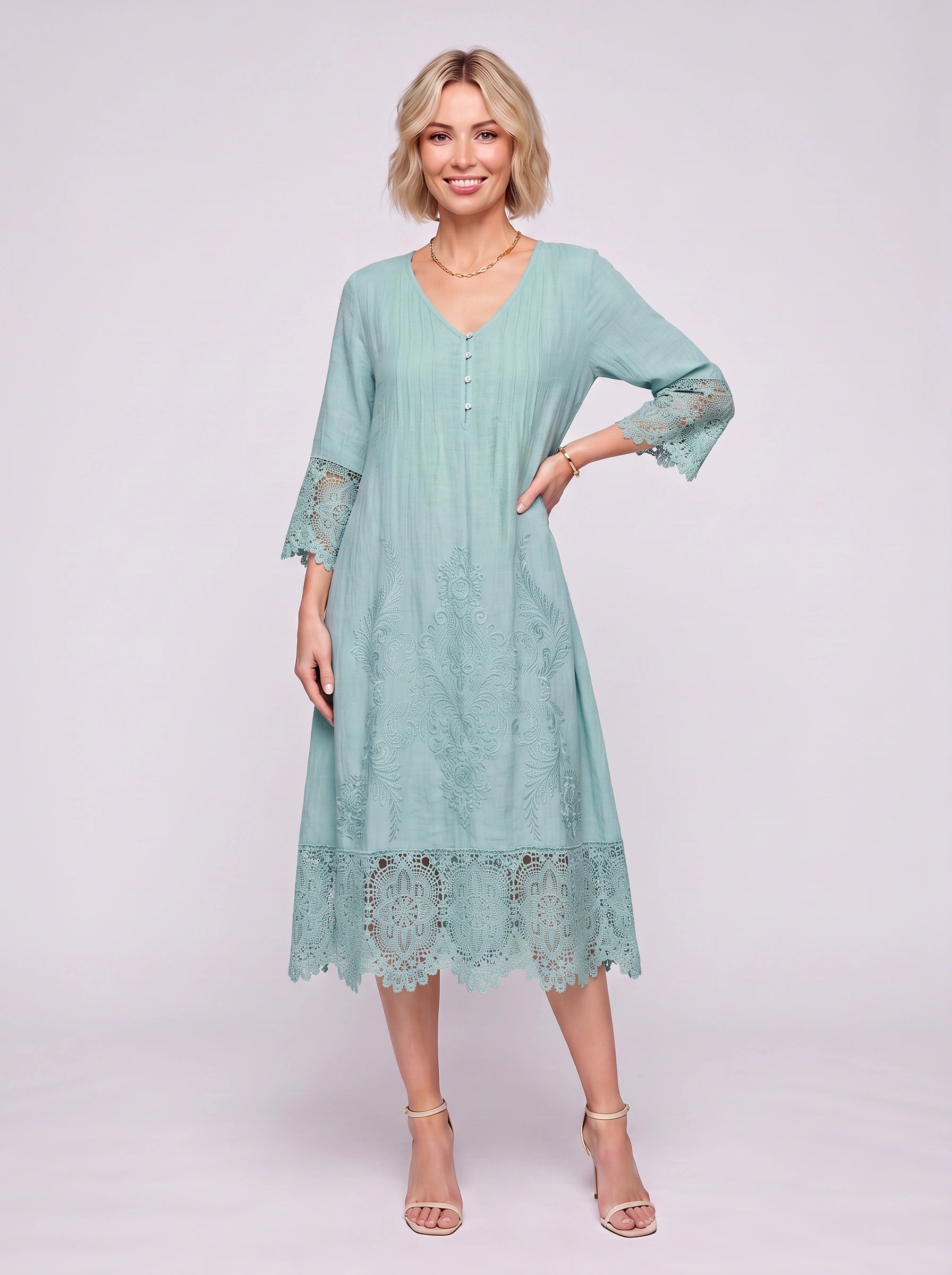 Brodelle Embroidered Lace Trim Midi Dress – Women Formal Wedding Guest Elegant Long Sleeve Summer Midi Dress